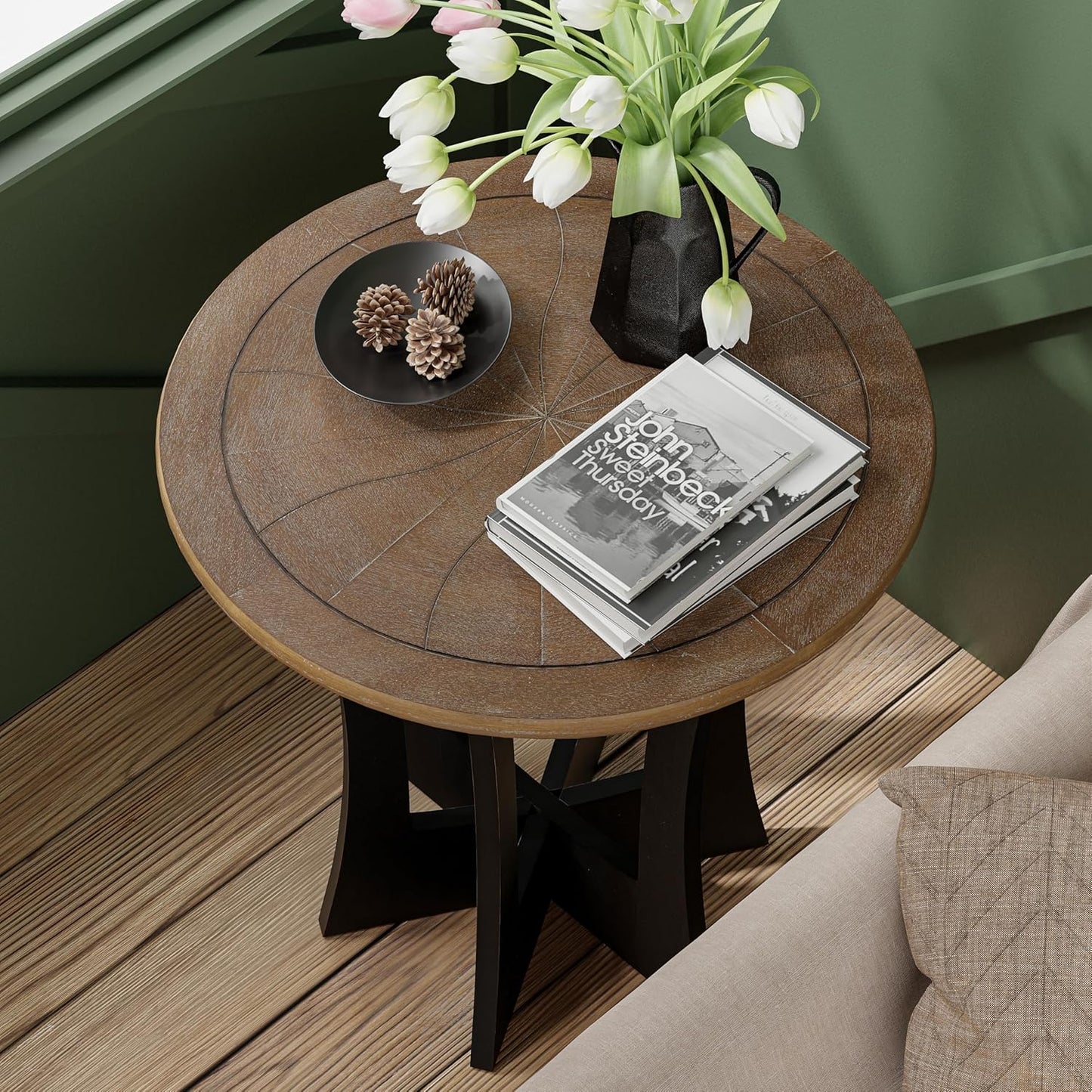 Farmhouse Round End Table with Criss-Cross Wood Legs, Rustic French Country Side Table for Dinning or Living Room, Modern, Black, Natural Wood