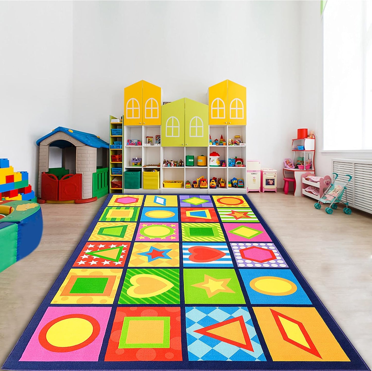 Booooom Jackson Seating Classroom Rug for Kids Room Seating Décor, 7'54''x13'12'' Vibrant Geometric Patterns Large Preschool Carpet Seating Rug for Teaching and Playroom, Non-Slip Rubber Backing