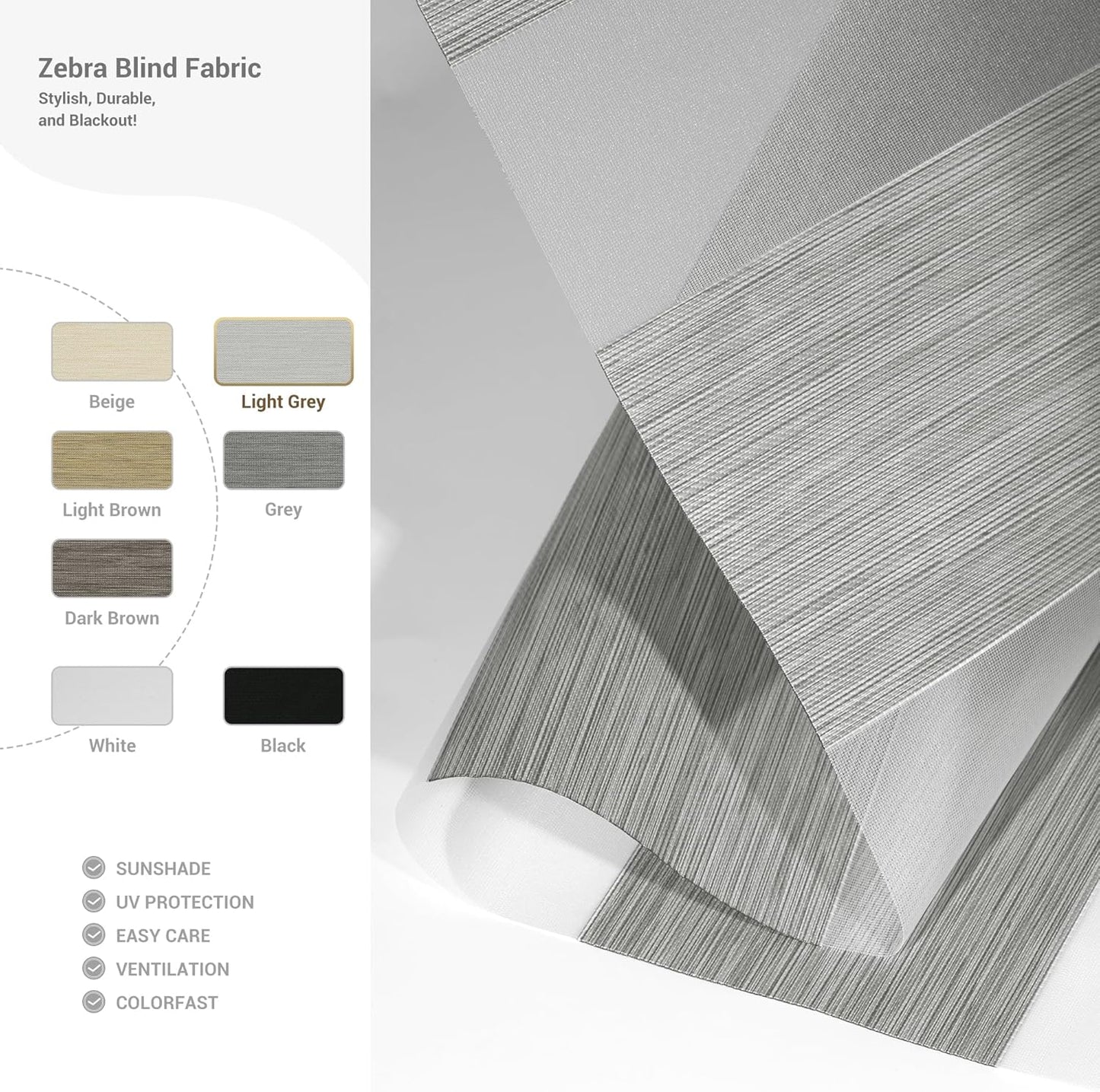 Cordless Zebra Blinds for Windows, Blackout Interior Blinds,Easy to Install,UV Protection,for Offices and Home,Custom Roller Shades, Mousse Light Grey,70" W x 64" H