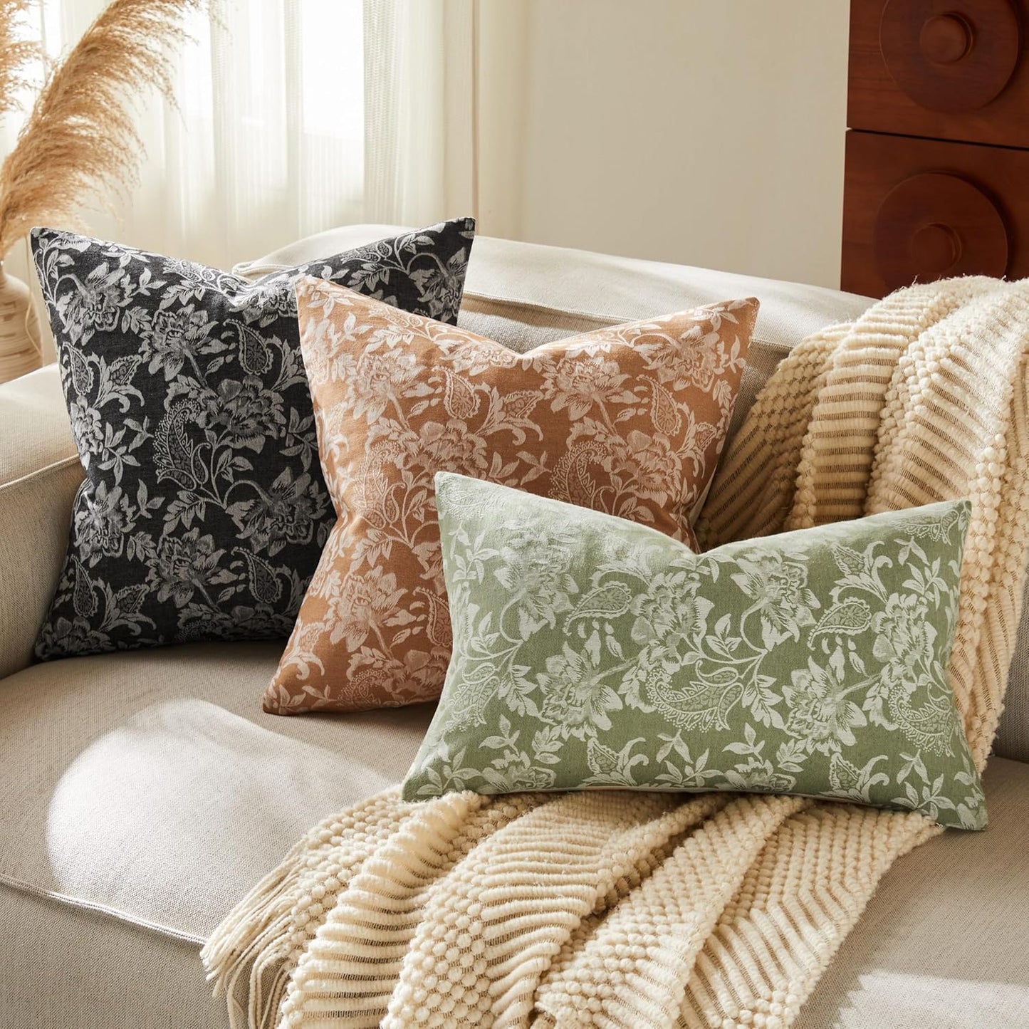 Floral Jacquard Throw Pillow Covers Set of 2, Background/Caramal 16x16 Inch, Farmhouse Decorative Cotton Caramal Cushion Covers for Sofa Bed Living Room Home Decor