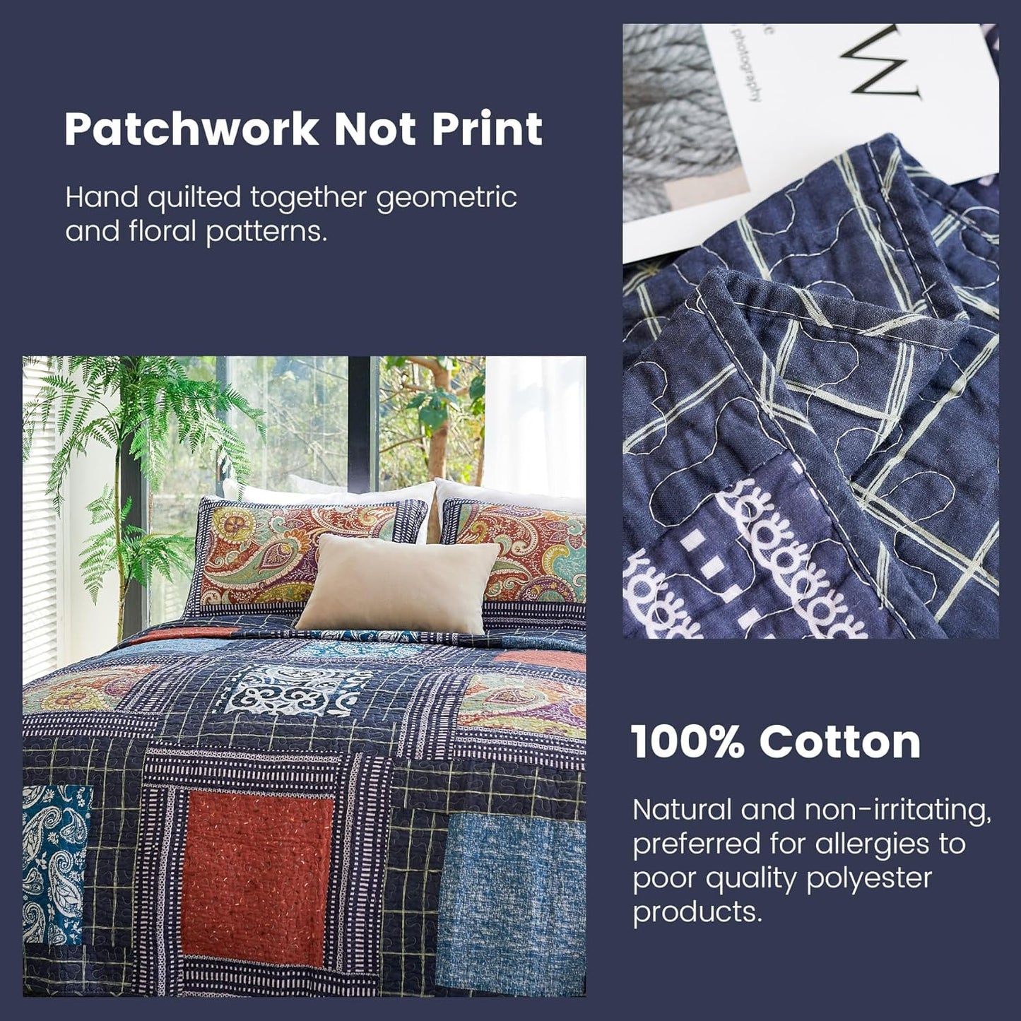 Secgo California King Quilt Size - 100% Cotton Oversized California Comforter Set Bedding Sets (120 * 110 Inch) with 2 Pillow Shams, Patchwork Reversible Lightweight Bedspread