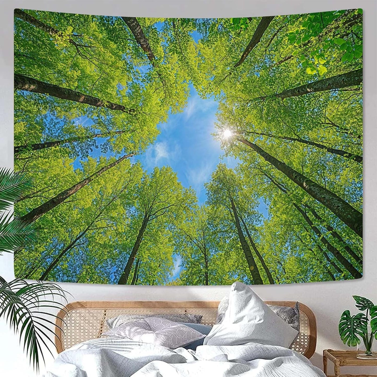 AMM Nature Forest Tree Celling Tapestry Lush Green Treetops Sunlit Tapestry for Bedroom Aesthetic Sky Sunlight Canopy Leaves Landscape Tapestries Wall Hanging for Living Room Dorm Office 48 x 36 Inch