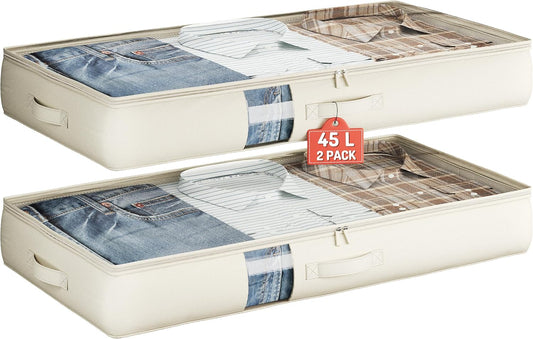 Under Bed Storage Containers with Window, Closet Organizers and Storage Bags, Foldable Underbed Storage Bags for Blankets, Clothing, Comforter, Linen Sheets, Wrapping Paper, 2 Pack, White Ivory