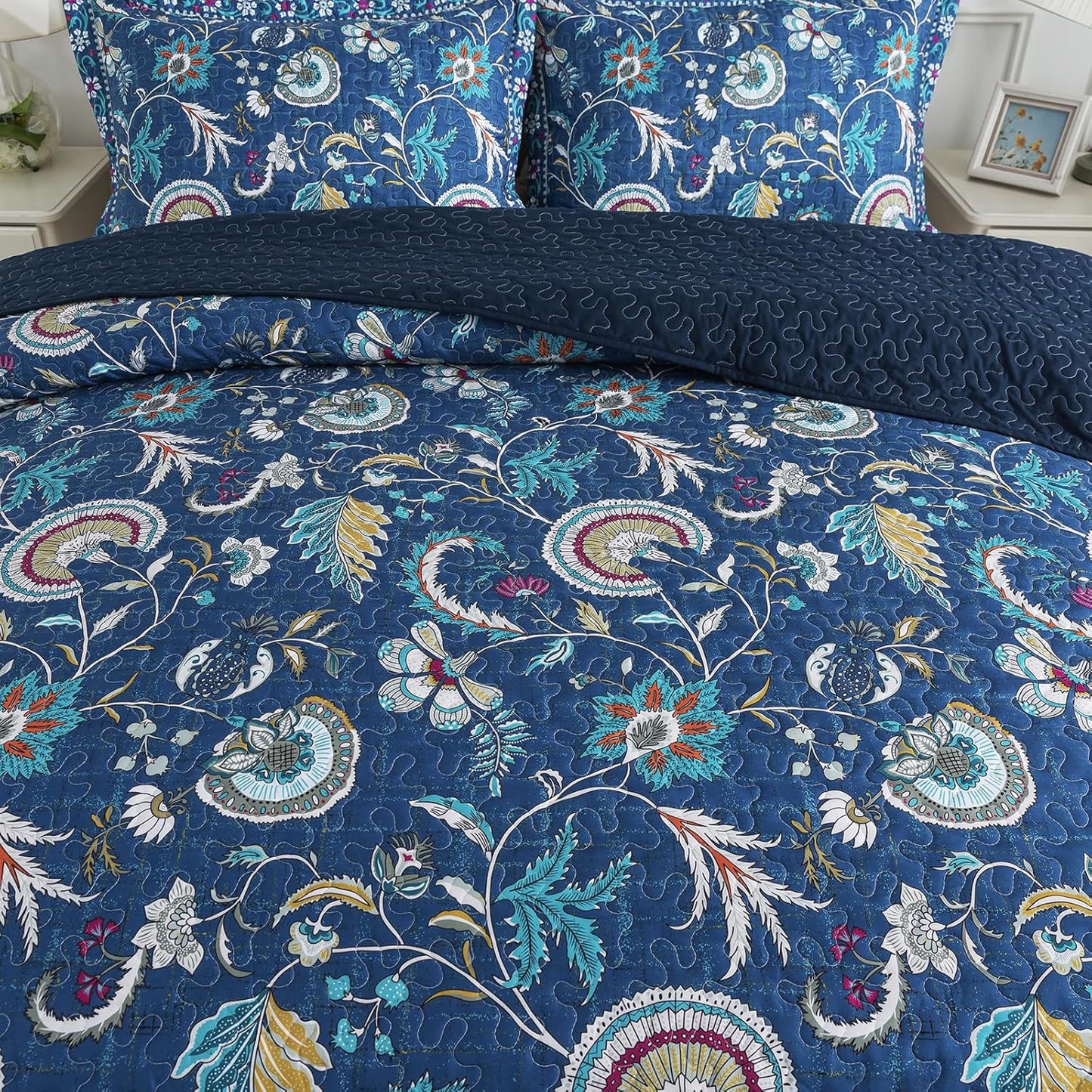 NEWLAKE Quilt Set Queen Size, Bedspread Sets Blue Botanical Floral Patterns, Reversible Quilt Bedding Set Lightweight and Breathable for All Seasons, Soft Quilted Bedspread with 2 Pillow Shams