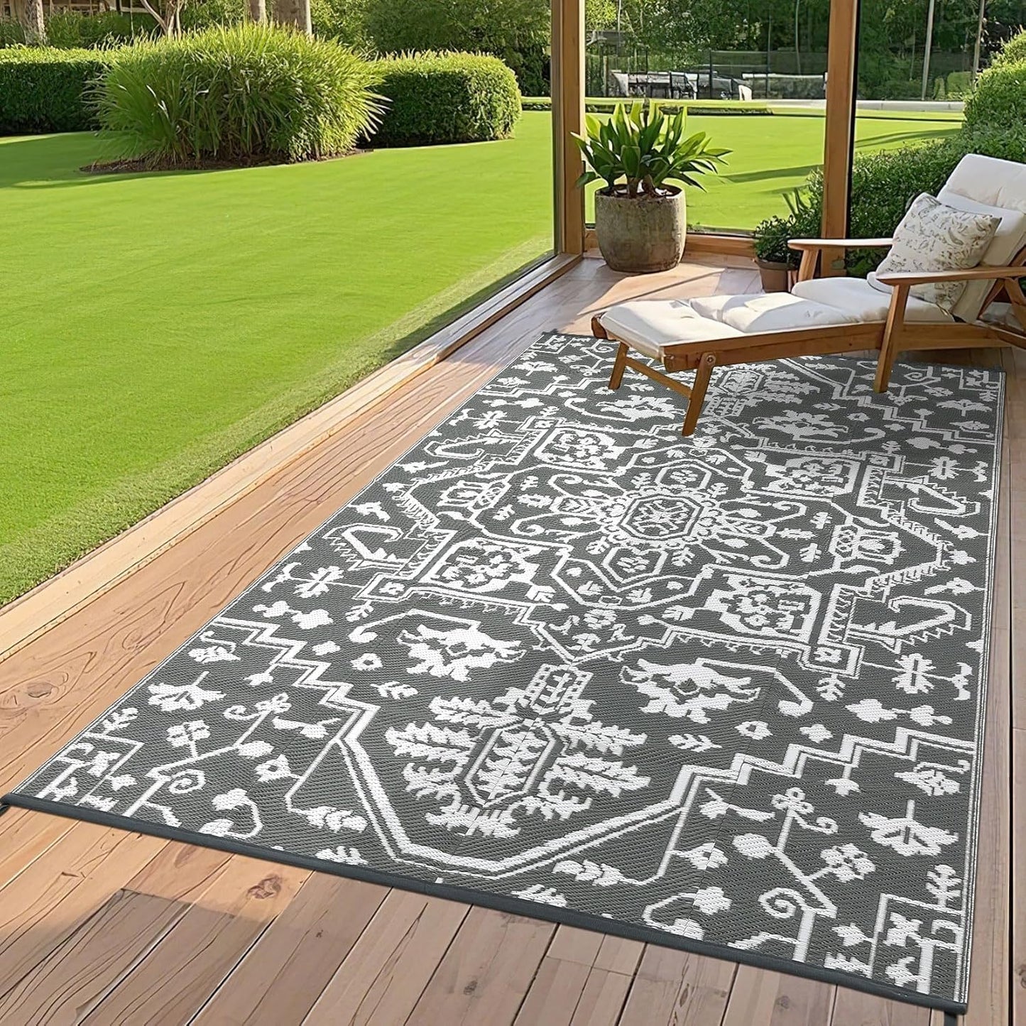Waterproof Outdoor Rug 9x18 Reversible Plastic Straw Patio Rug, Stain-Resistant Vintage Medallion Carpet, Large Indoor Outdoor RV Mat for Deck, Camping, Balcony, Grey White