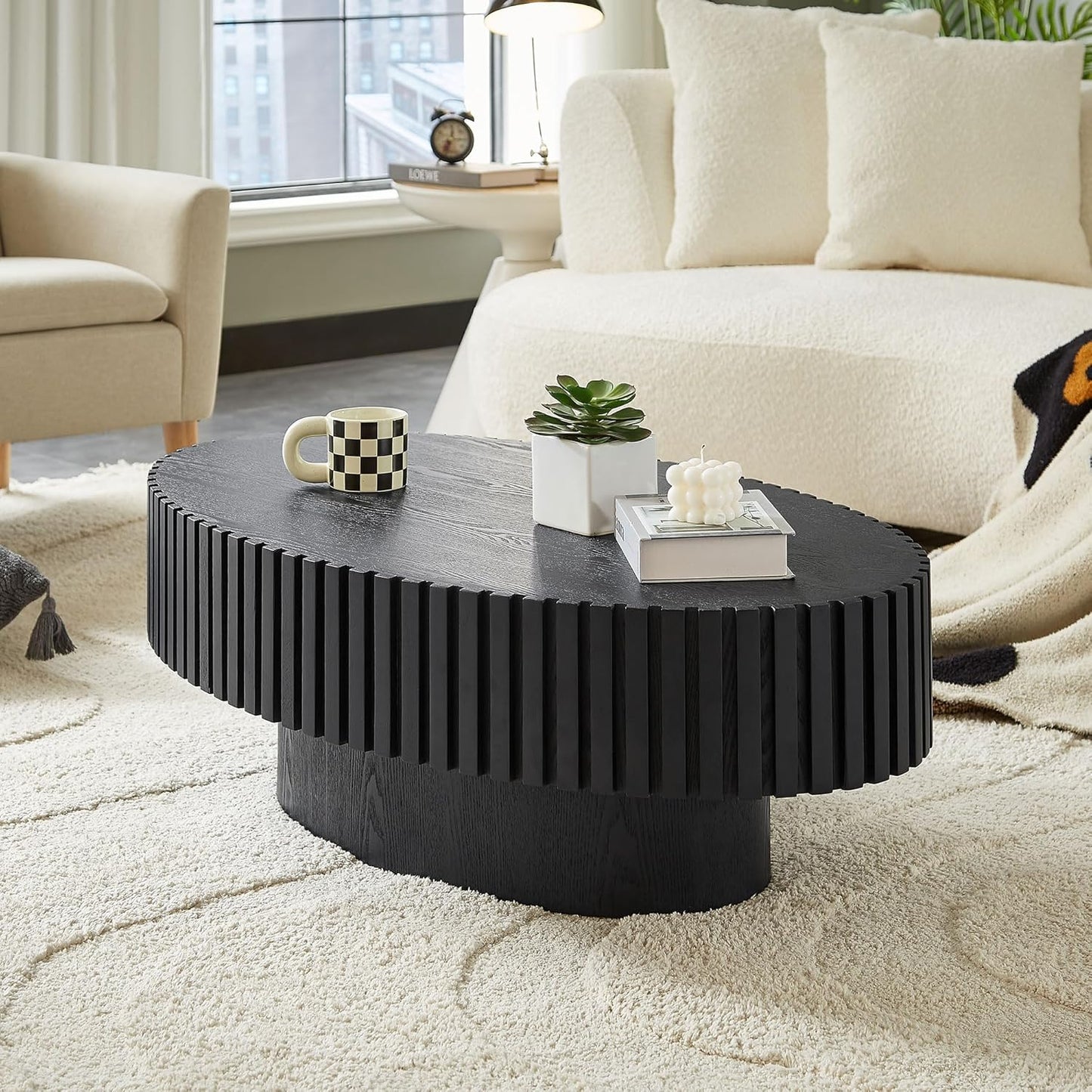 Oval Coffee Table for Living Room, Modern Fluted Coffee Tables with Pedestal Base, Handcrafted Centre Tea Tables Easy Assembly-43.7" Black