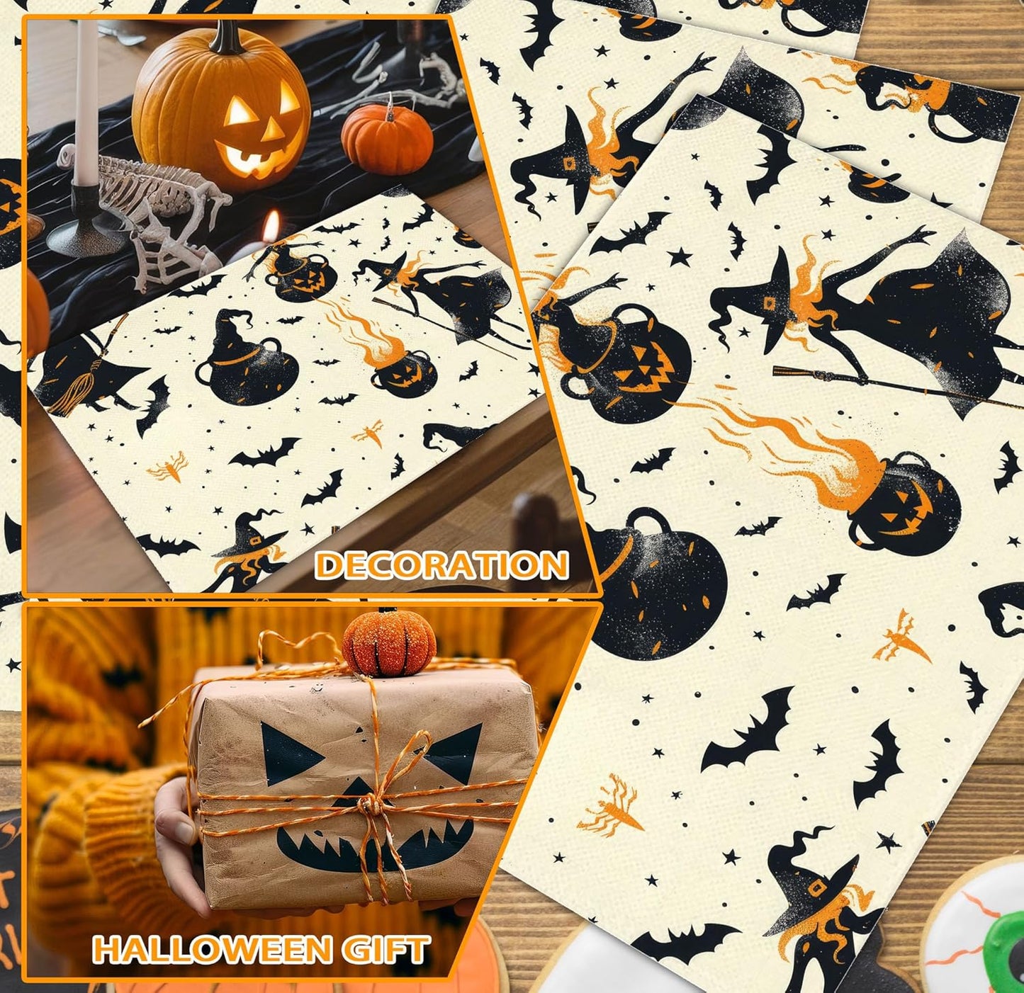 Halloween Spooky Placemats Set of 4, 12x18 Inch Pumpkin Witch Table Mats, Washable Heat Resistant Place Mats for Kitchen Dining Table, Halloween Themed Decoration for Home-B04