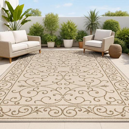 JONATHAN Y Vintage Filigree Indoor Outdoor Area Rug 10X14 Beige/Brown, Charleston Textured Weave for Backyard, Patio, Porch, Easy-Cleaning, High Traffic, Pet-Friendly, Non-Shedding (SMB106A-14)