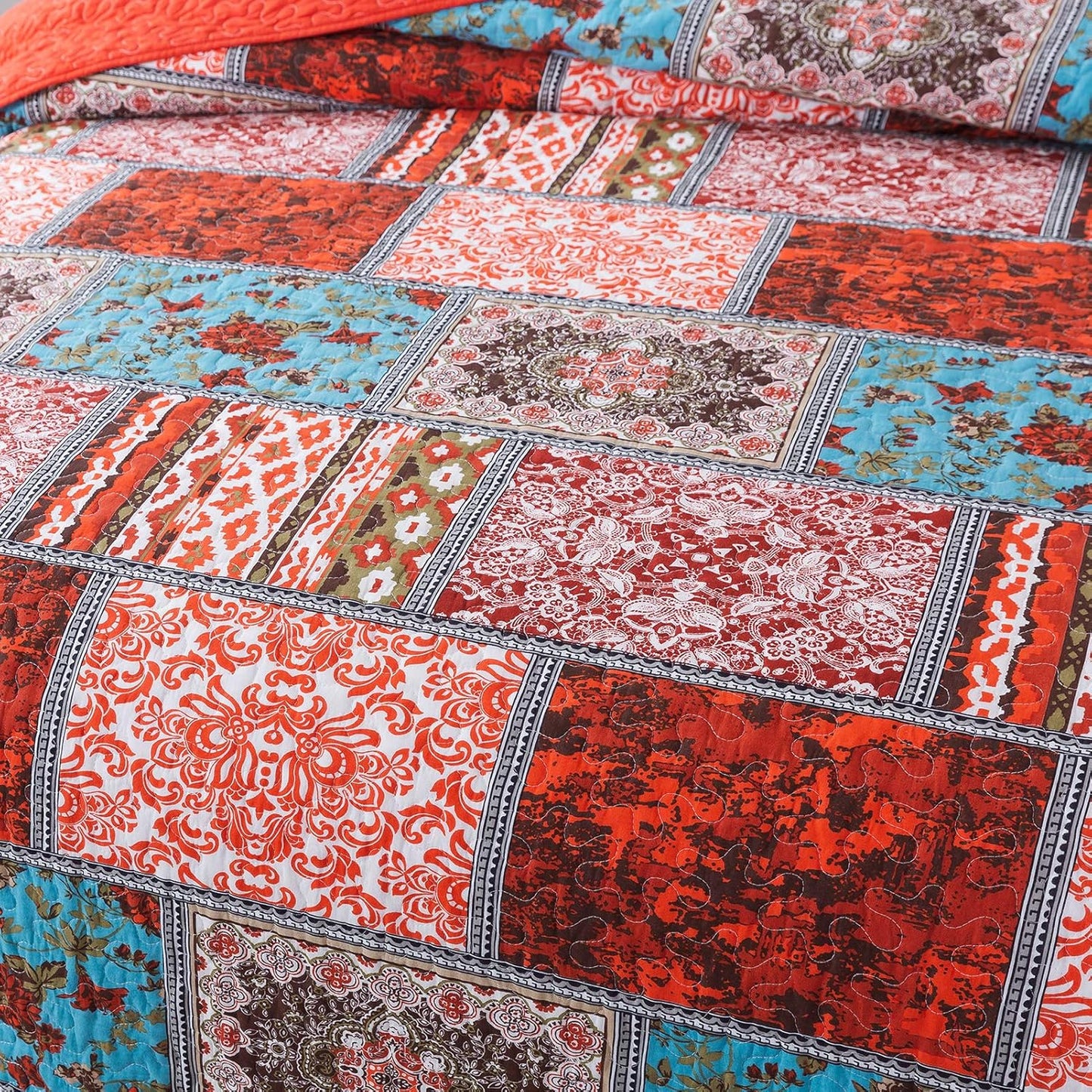 NEWLAKE Cotton Bedspread Quilt Sets-Reversible Patchwork Coverlet Set, Mediterranean Classic Bohemian Pattern,Queen Size