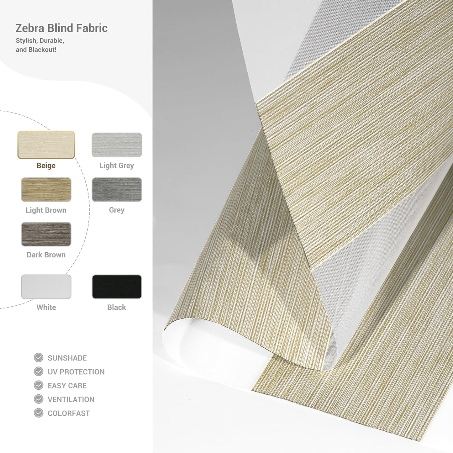 Cordless Zebra Blinds for Windows, Blackout Interior Blinds,Easy to Install,UV Protection,for Offices and Home,Custom Roller Shades, Mousse Beige,72" W x 72" H