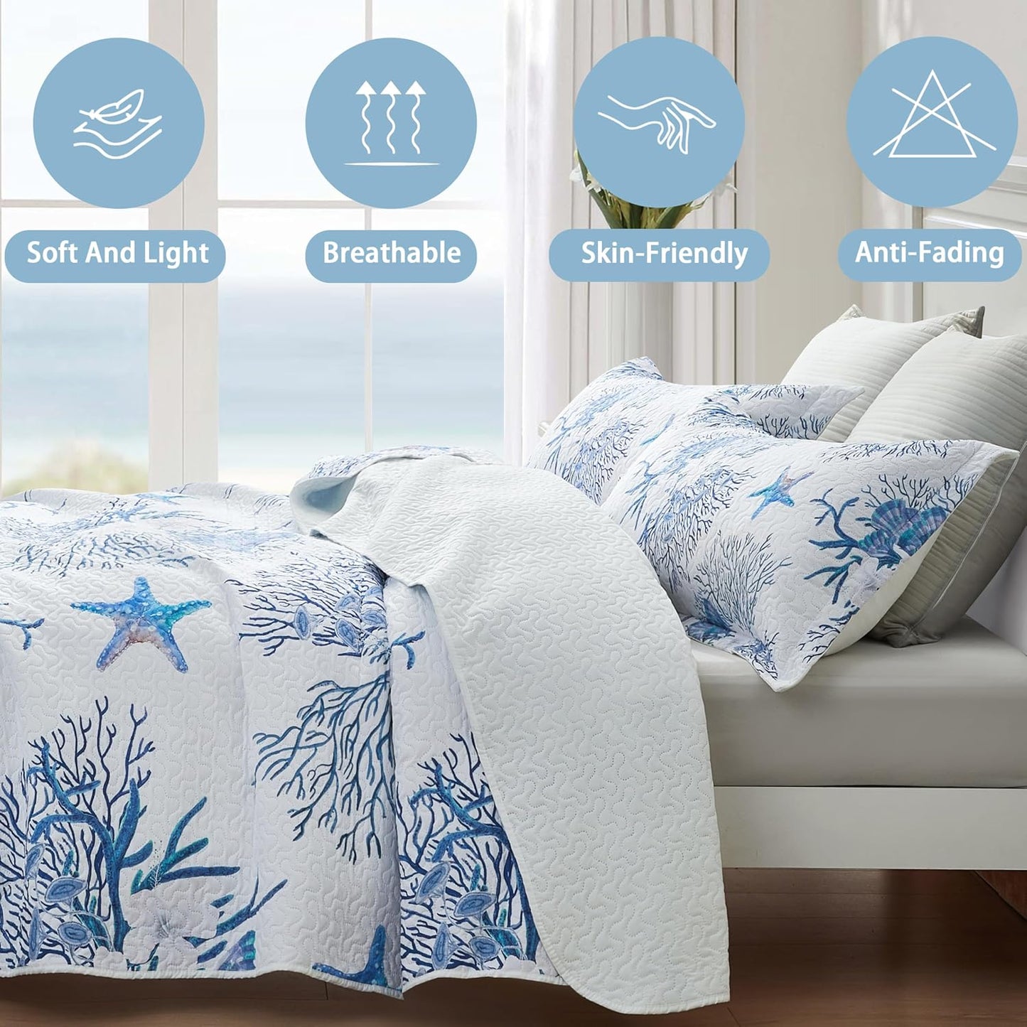 Coastal Bedding Queen Size Coastal Quilt with 2 Shams, Nautical Beach Comforter Sets Ocean Bedspreads Blue Starfish Coverlet Summer Bedding, 90''x96''