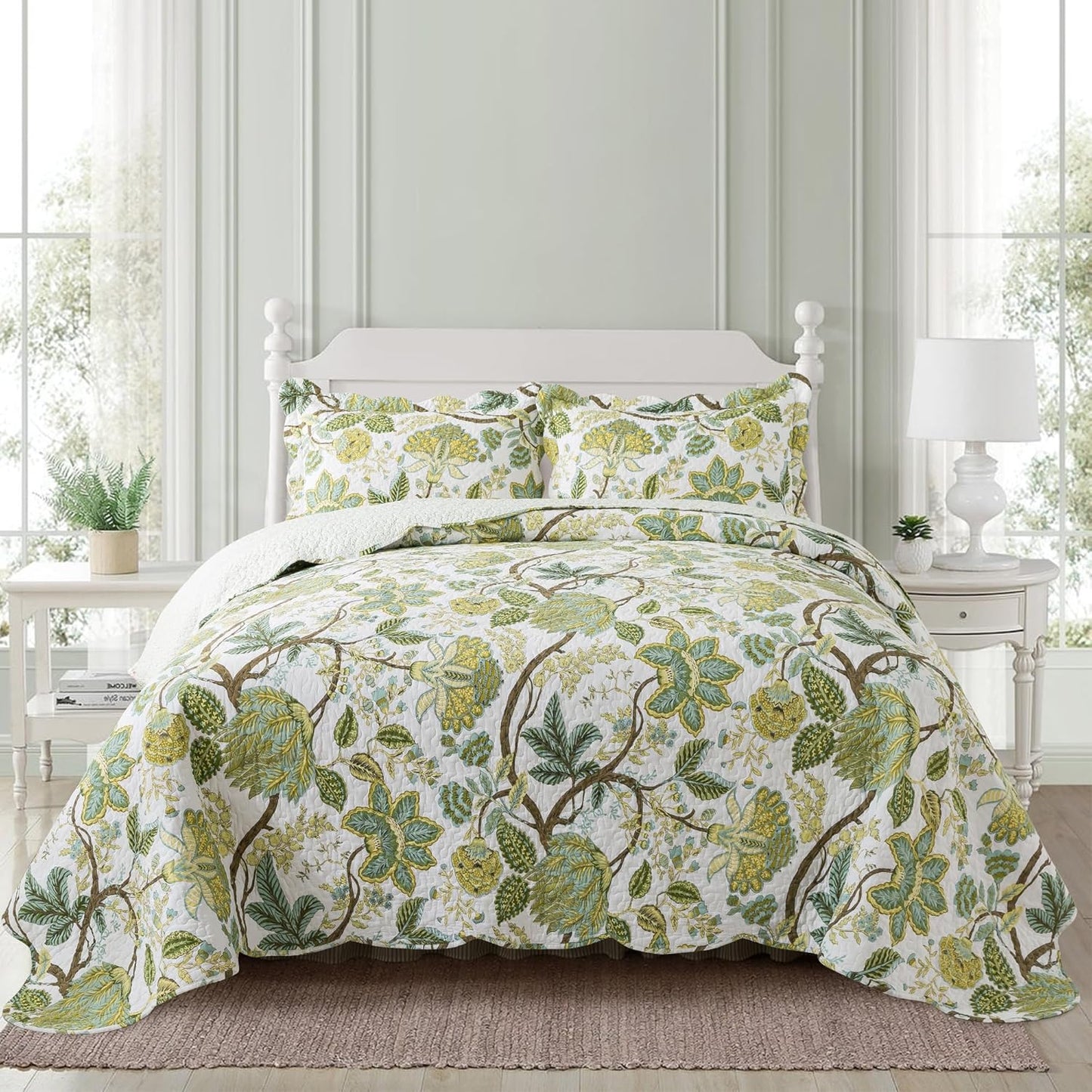 NEWLAKE Cotton Bedspread Quilt Sets - Reversible Patchwork Coverlet Set, Floral Vine Pattern, King Size