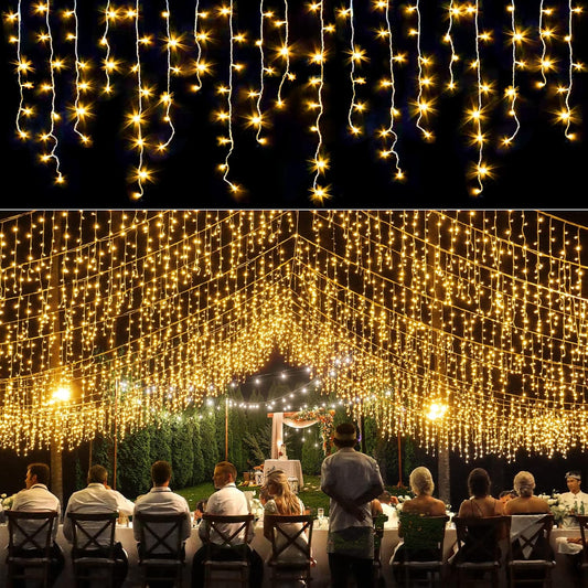 66ft Icicle Lights for Outside - 640 LED Christmas Lights Outdoor with 120 Drops 8 Modes, Plug in Twinkle Light Outside for Holiday Wedding Party Tree Room Indoor Thanksgiving Decoration, Warm White