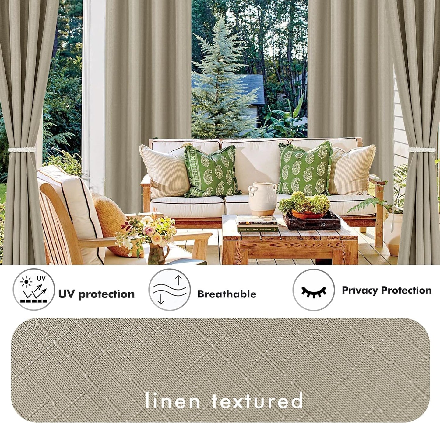 HolidayIdeas 4 Panels Linen Outdoor Curtains for Patio Waterproof Taupe Outside Curtains 110"x120"-Indoor/Outdoor Gazebo Wide Curtains Weatherproof, Privacy for Pergola, Porch, Cabana, Deck, Sunroom