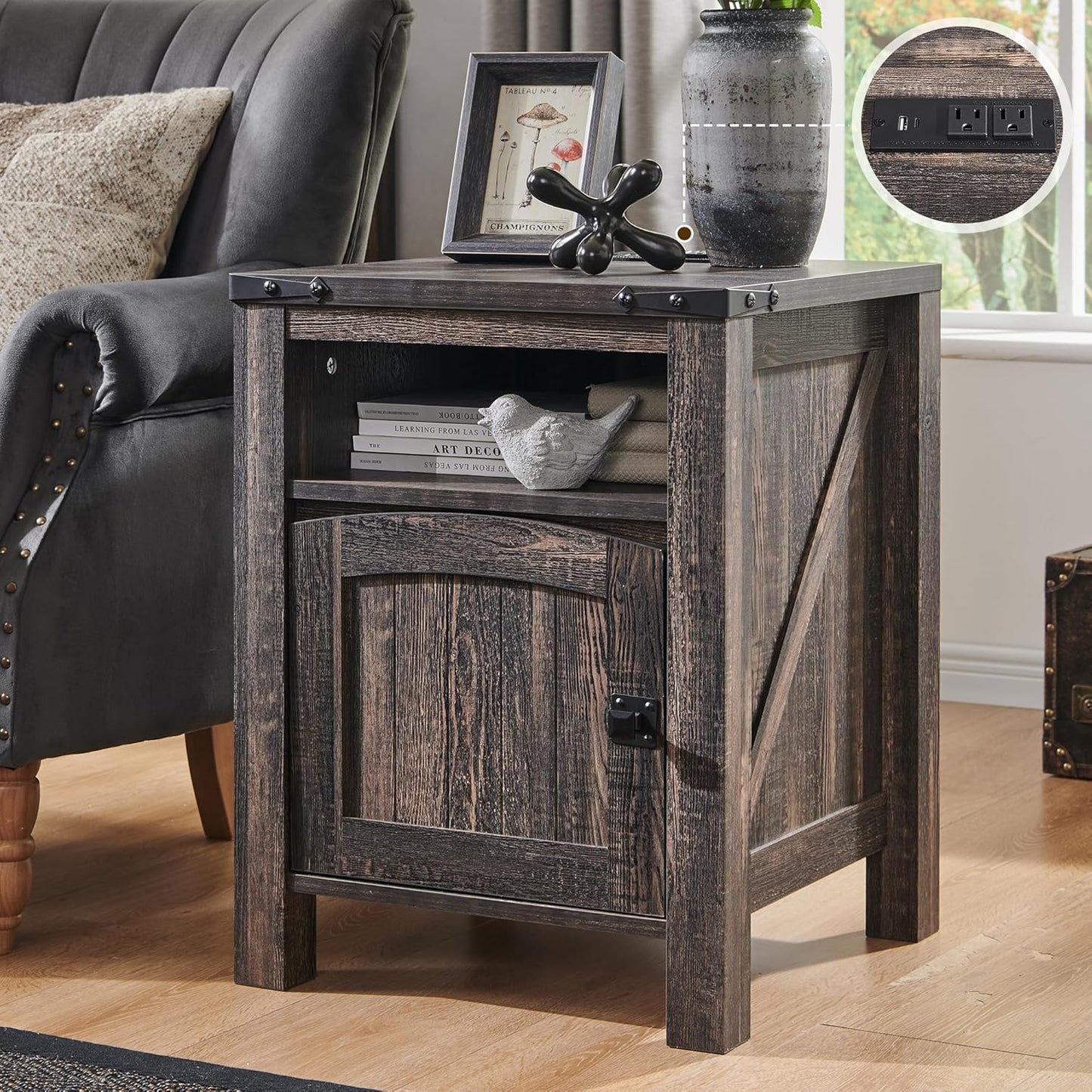 OKD Farmhouse Nightstand with Charging Station, 18" Rustic End Table with Adjustable Storage Shelf, Wood Rustic Wood Sofa Side Table for Bedroom