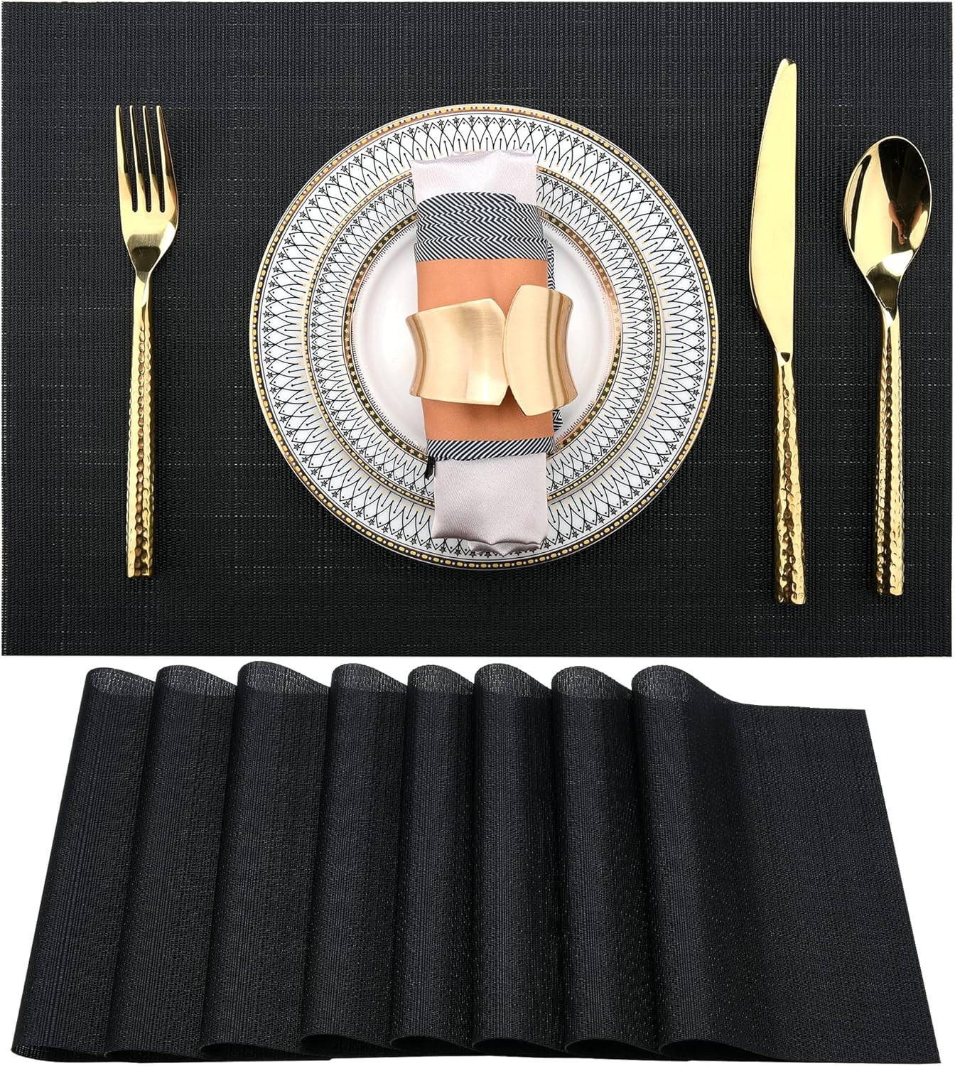 Black Placemats Set of 8 - Easy Clean Washable Vinyl Placemats - Heat Resistant Placemats for Kitchen Table - PVC Table Mats for Dining Table (Pure Black, 8)