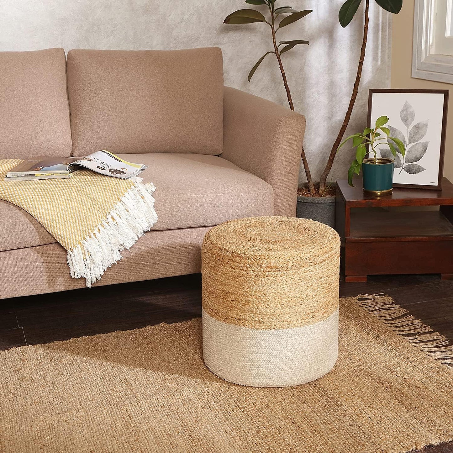 REDEARTH · Cylindrical Pouf Foot Stool Ottoman - Jute Braided Accent Sitting Footrest for The Living Room, Bedroom, Nursery, Patio, Lounge & Other Rooms in The Home (14.5”x14.5”x16”; Natural Ivory)
