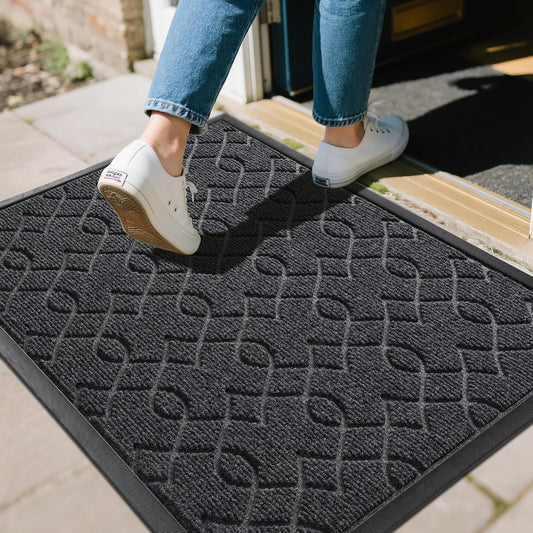 Yimobra Front Door Mat, Waterproof All-Weather Welcome Matt Outdoor Indoor, Non-Slip Low Profile Outdoor Mats for Front Door Outside Entrance, Patio Porch Entryway Mat, 29.5x17, Black Grey