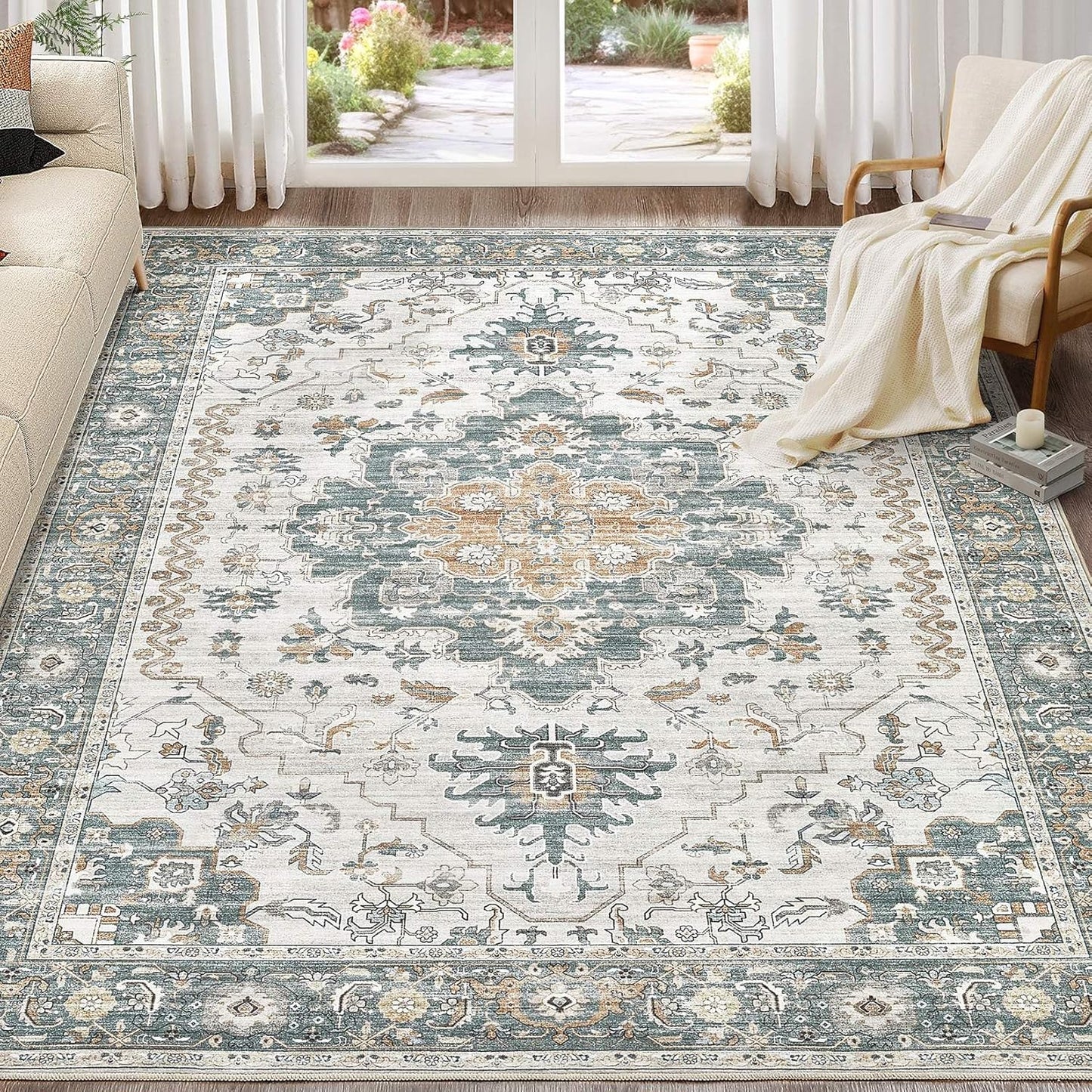 Washable Area Rugs for Living Room -10x12 Neutral Vintage Distressed Floral Farmhouse Boho Large Soft Floor Rug Indoor Non Slip Carpet for Living Room Bedroom Dining Room Office -Green/Grey