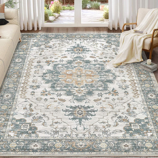 Washable Area Rugs for Living Room -9x12 Neutral Vintage Distressed Floral Farmhouse Boho Large Soft Floor Rug Indoor Non Slip Carpet for Living Room Bedroom Dining Room Office -Green/Grey