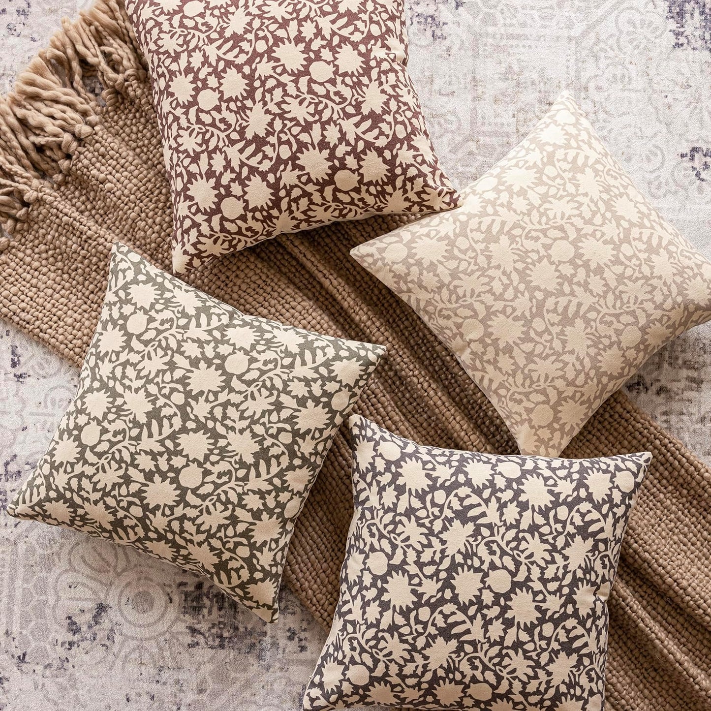 Foindtower Set of 2 Decorative Neutral Floral Throw Pillow Covers Accent Farmhouse Cushion Covers Boho Vintage Pillowcase for Couch Sofa Bedroom Living Room Home Decor Outdoor,20×20 Inch,Sage Green