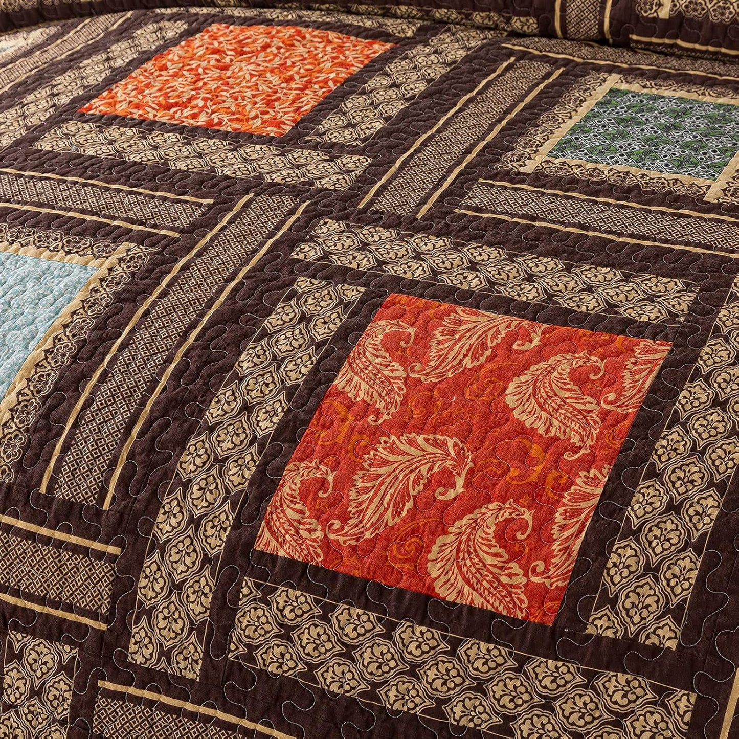 NEWLAKE Cotton Patchwork Bedspread, 3-Piece Bedding Quilt Set with Real Stitched Embroidery, Reversible Matelasse Bed Coverlet Set,Bohemian Farmhouse,Twin Size