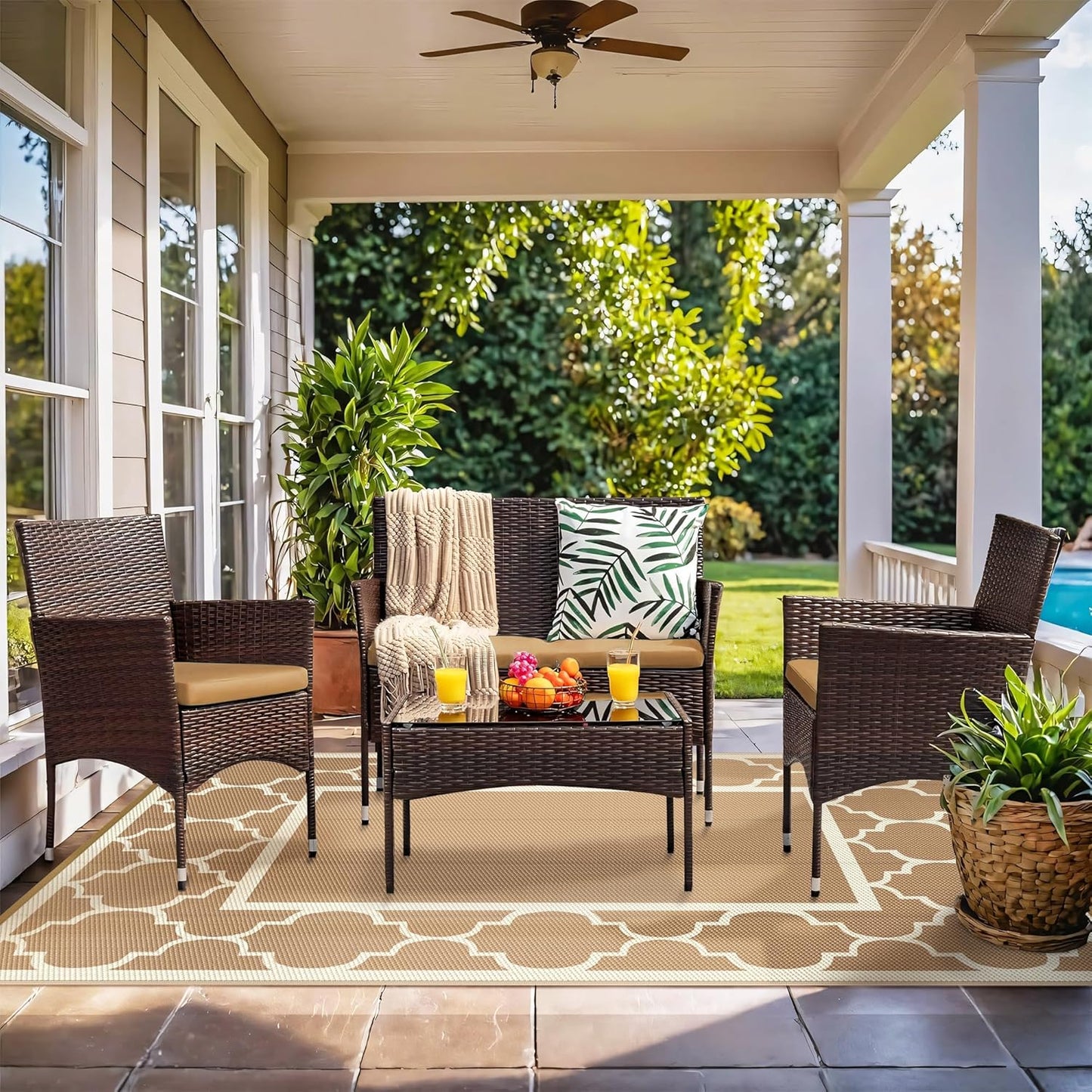 GENIMO 9' x 12' Outdoor Rug for Patio Clearance, Waterproof Indoor Outdoor Plastic Straw Rugs Carpet, Reversible Outside Area Rv Mat for Camping, Balcony Porch, Deck, Picnic, Beach (Brown & Beige)