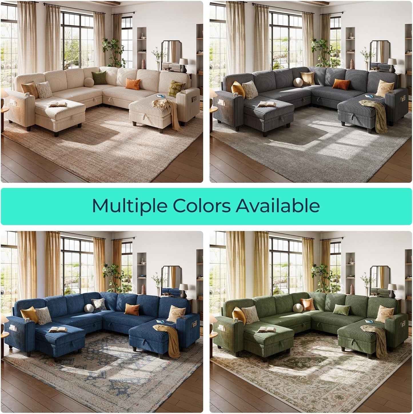 LINSY HOME Sectional Sleeper Sofa with Pull Out Couch Bed - Convertible Plush Corduroy Cloud Couches with Storage Chaise & USB Charging, Comfy Modular Couch for Living Room, Beige