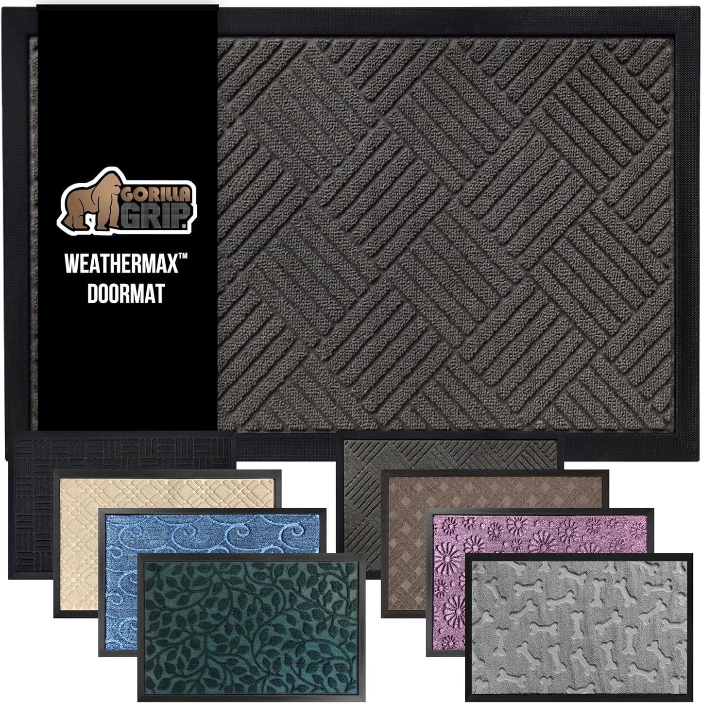 GORILLA GRIP 100% Waterproof All-Season WeatherMax Doormat, 47x35, US Designed Natural Rubber, Stain and Fade Resistant, Low Profile Indoor Outdoor Door Mats, Easy Clean Patio Mat, Gray Diamond