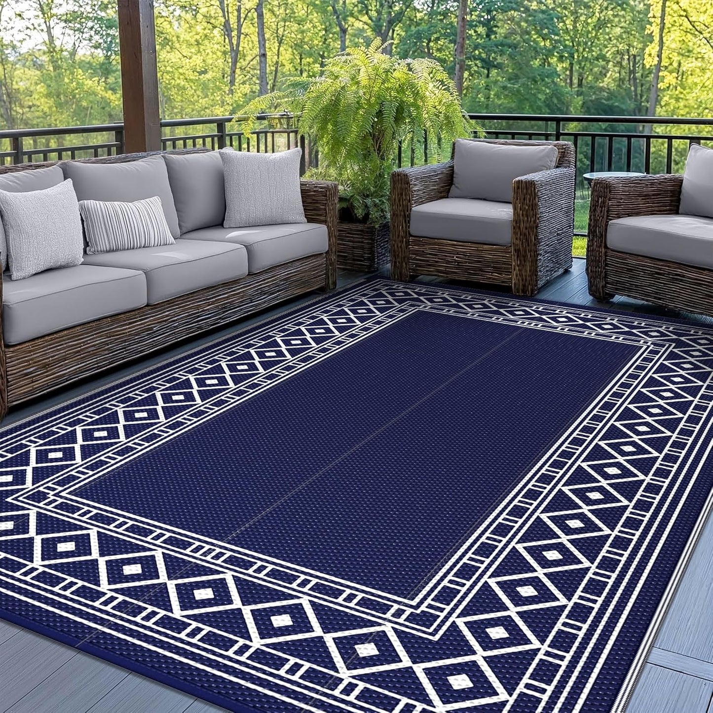 GENIMO Outdoor Rug Waterproof for Patio Decor, 6'x9' Foldable Reversible Plastic Straw Carpet for Travel Trailers, Outside Area Mat for Rv, Deck, Picnic, Porch, Camper, Balcony, Beach, Blue & White