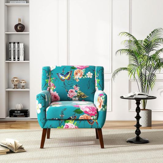 UIXE Floral Accent Chair, Modern Upholstered Armchair in Fabric for Living Room, Comfy Club Arm Chairs Single Sofa Button Tufted Bedroom Reading Seat - Pattern Blue, Set of 1
