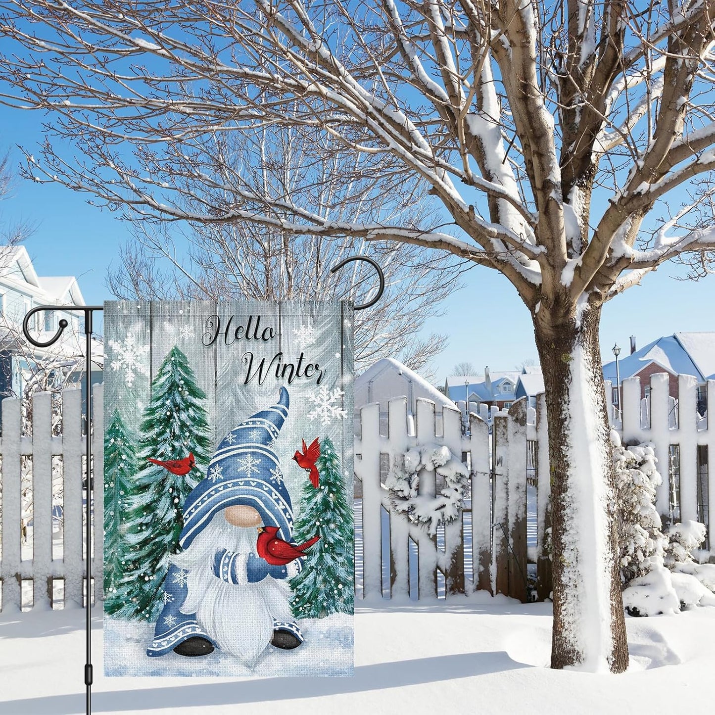 Hello Winter Gnome Garden Flag 12x18 Double Sided Burlap Cardinals Snowflakes Snow Yard Flags for Christmas Seasonal Outside Outdoor House Decoration (ONLY FLAG)