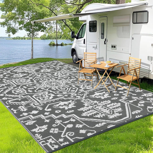 Waterproof Outdoor Rug 9x18 Reversible Plastic Straw Patio Rug, Stain-Resistant Vintage Medallion Carpet, Large Indoor Outdoor RV Mat for Deck, Camping, Balcony, Grey White