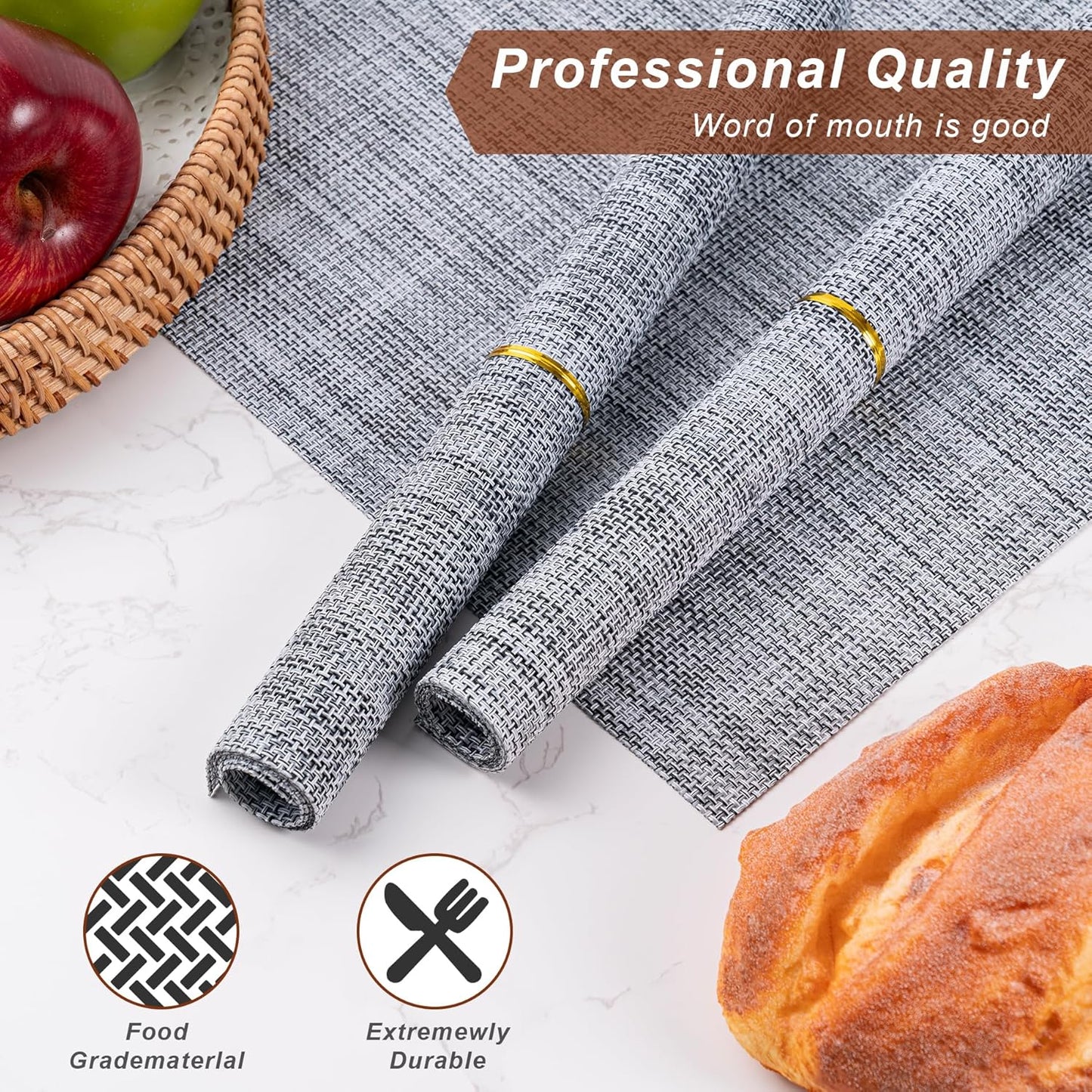 Placemats Set of 6 Washable Indoor/Outdoor Vinyl Place Mats for Dining Table Durable Non-Slip Heat Resistant PVC Weave Table Mats(Gray Black)