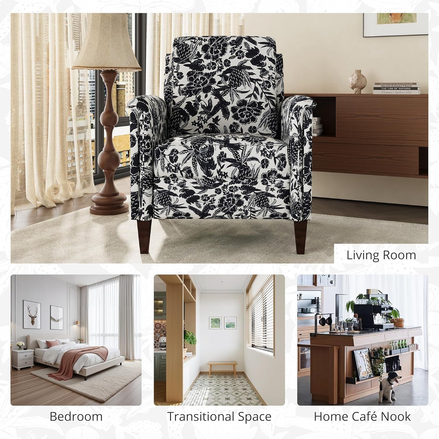 Floral Accent Chair, High Back Upholstered Armchair with Solid Wooden Legs, Padded Armrest and Removable Comfortable Cushioned Seat Single Sofa for Living Room, Bedroom, Black