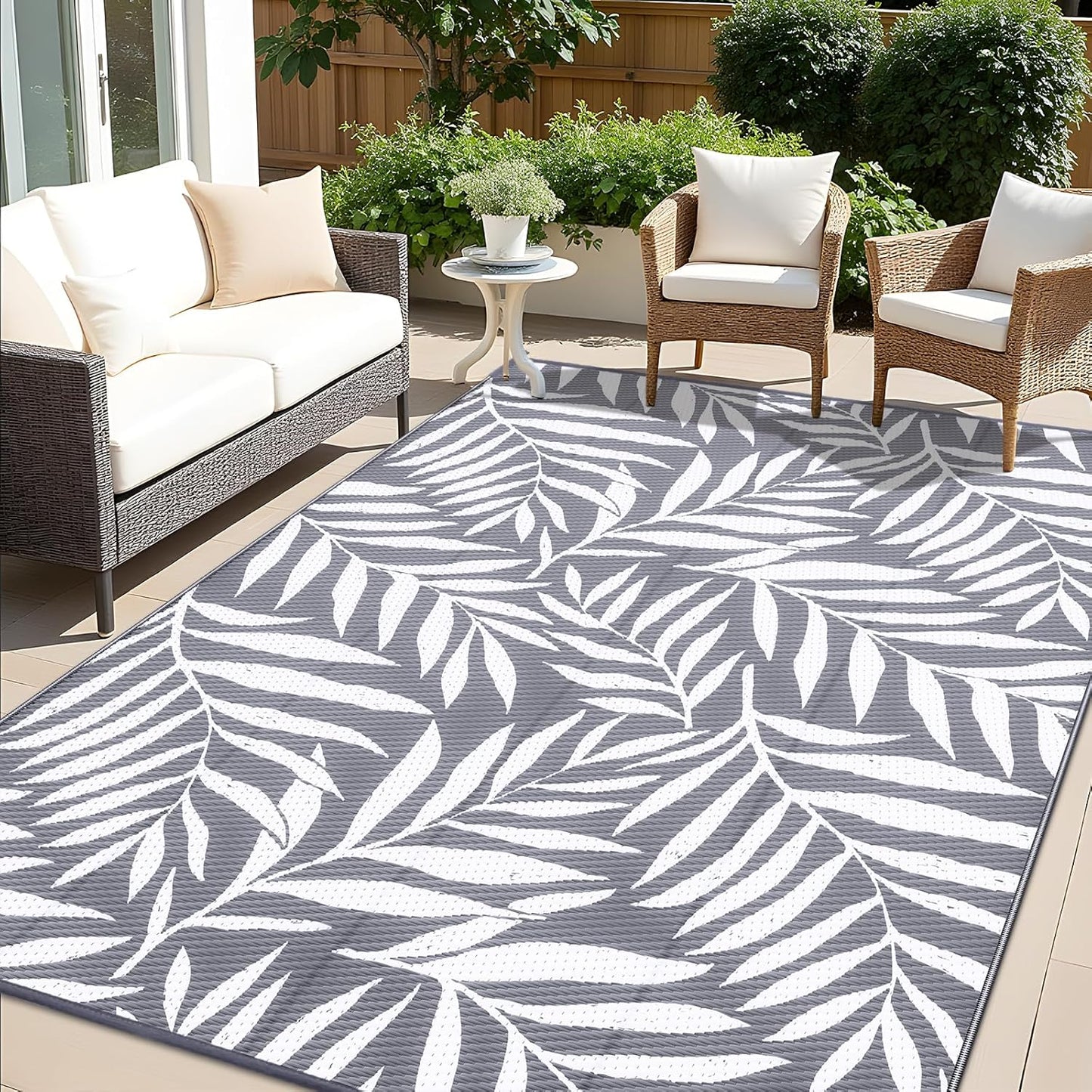 OLANLY Waterproof Outdoor Rug 9x12 ft, Reversible Outdoor Plastic Straw Rug with Leaf Pattern, RV Mat, Indoor Outdoor Carpet for Patio, Camping, Balcony, Deck, Backyard, Grey & White