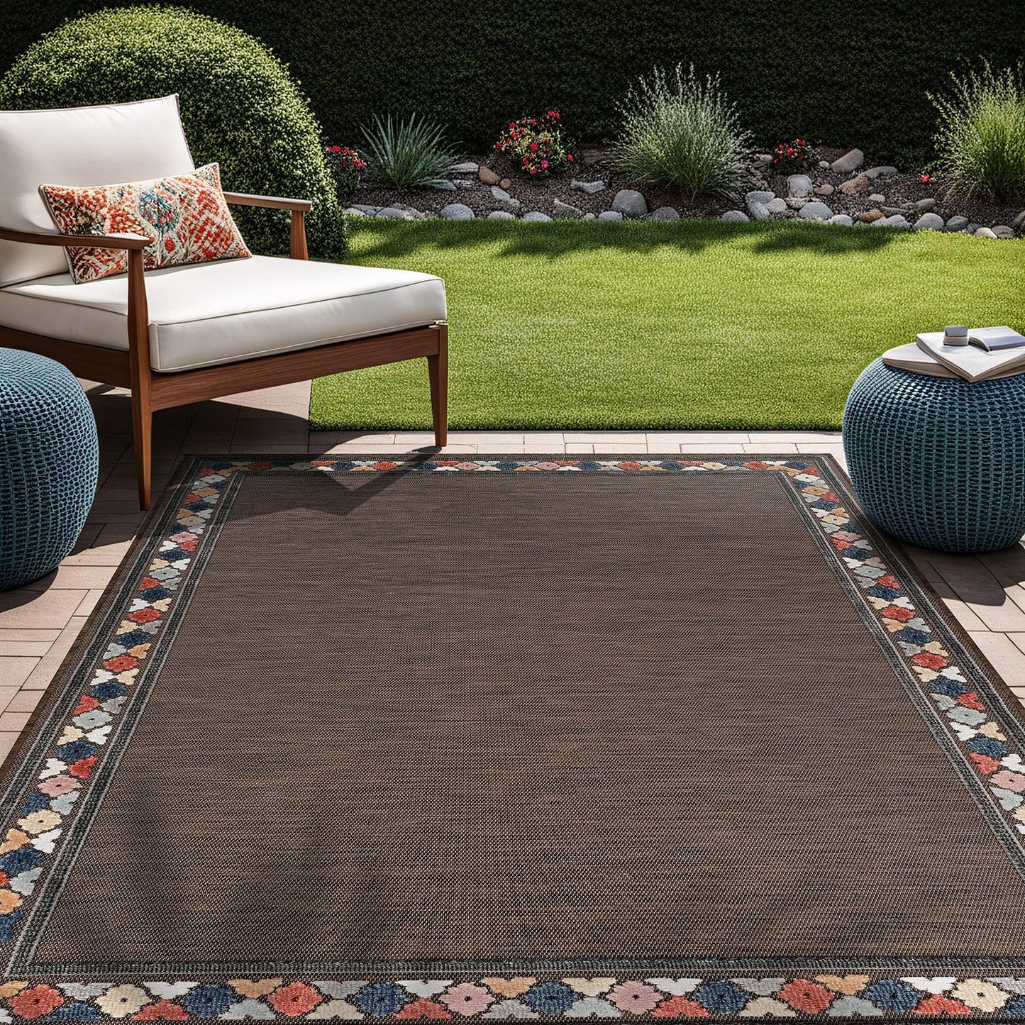 Beverly Rug Outdoor Rug 5x7 Modern Bordered Area Rugs for Indoor and Outdoor Patio Easy to Clean Non Shedding Living Room Porch Garden Washable Outside Carpet (5 x 7 Brown)