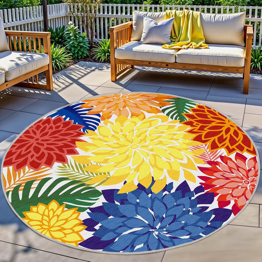 Indoor Outdoor 6FT Round Area Rug Washable Rugs Multicolored Patio Rug Tropical Botanical Modern Floral Indoor Outdoor Round Carpet Non Slip for RV, Pool Deck, Backyard, Porch