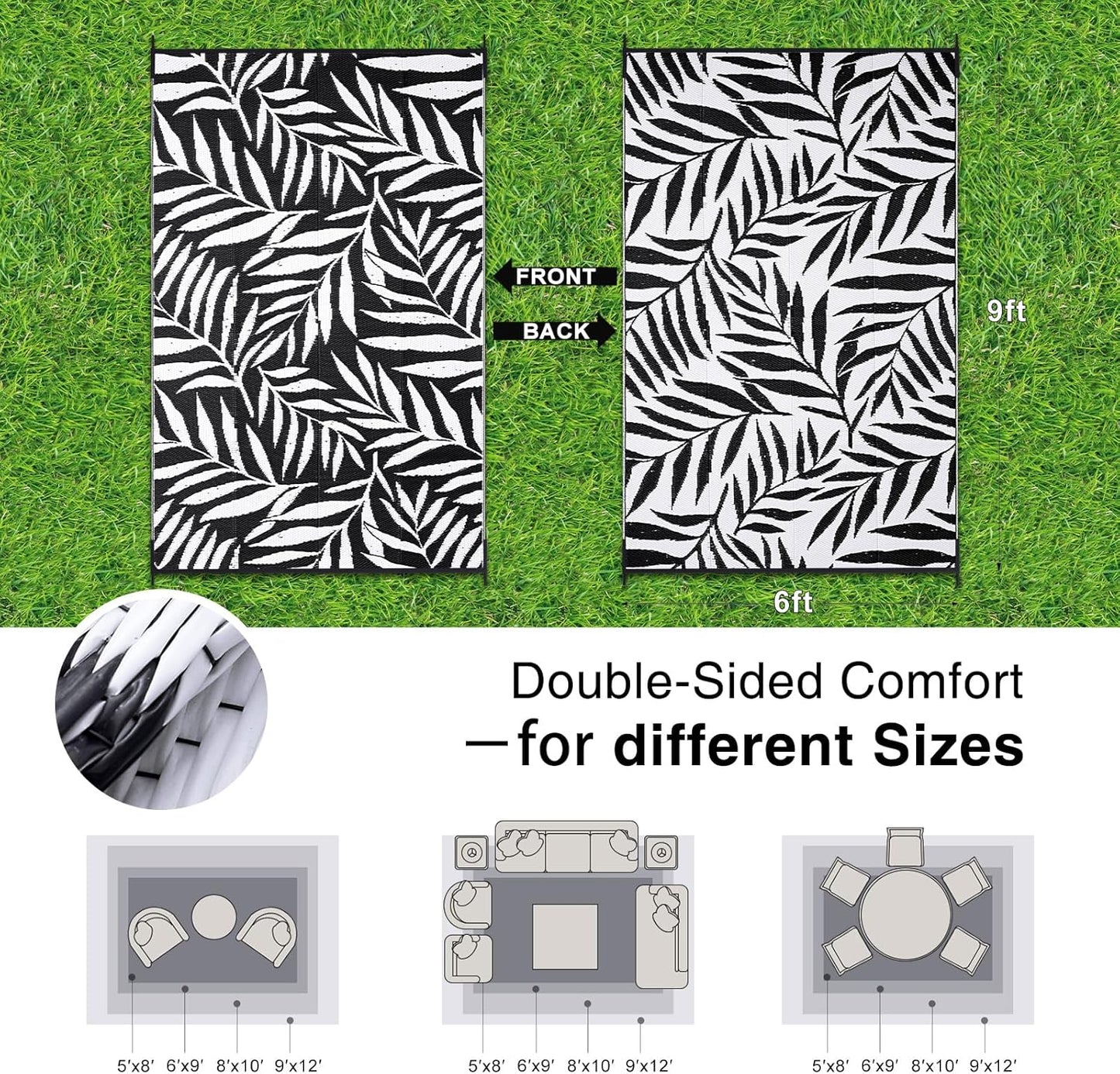 OLANLY Waterproof Outdoor Rug 6x9 ft, Reversible Outdoor Plastic Straw Rug with Leaf Pattern, RV Mat, Indoor Outdoor Carpet for Patio, Camping, Balcony, Deck, Backyard, Black & White
