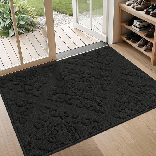 COSY HOMEER-Door-Mat-Non-Slip-Entryway-Rug 32”x48” Absorbent Welcome Mats Washable Dirt Trapper Door Mat Entrance Floor Mats for Front Back Doormats and Wet Shoes,Black