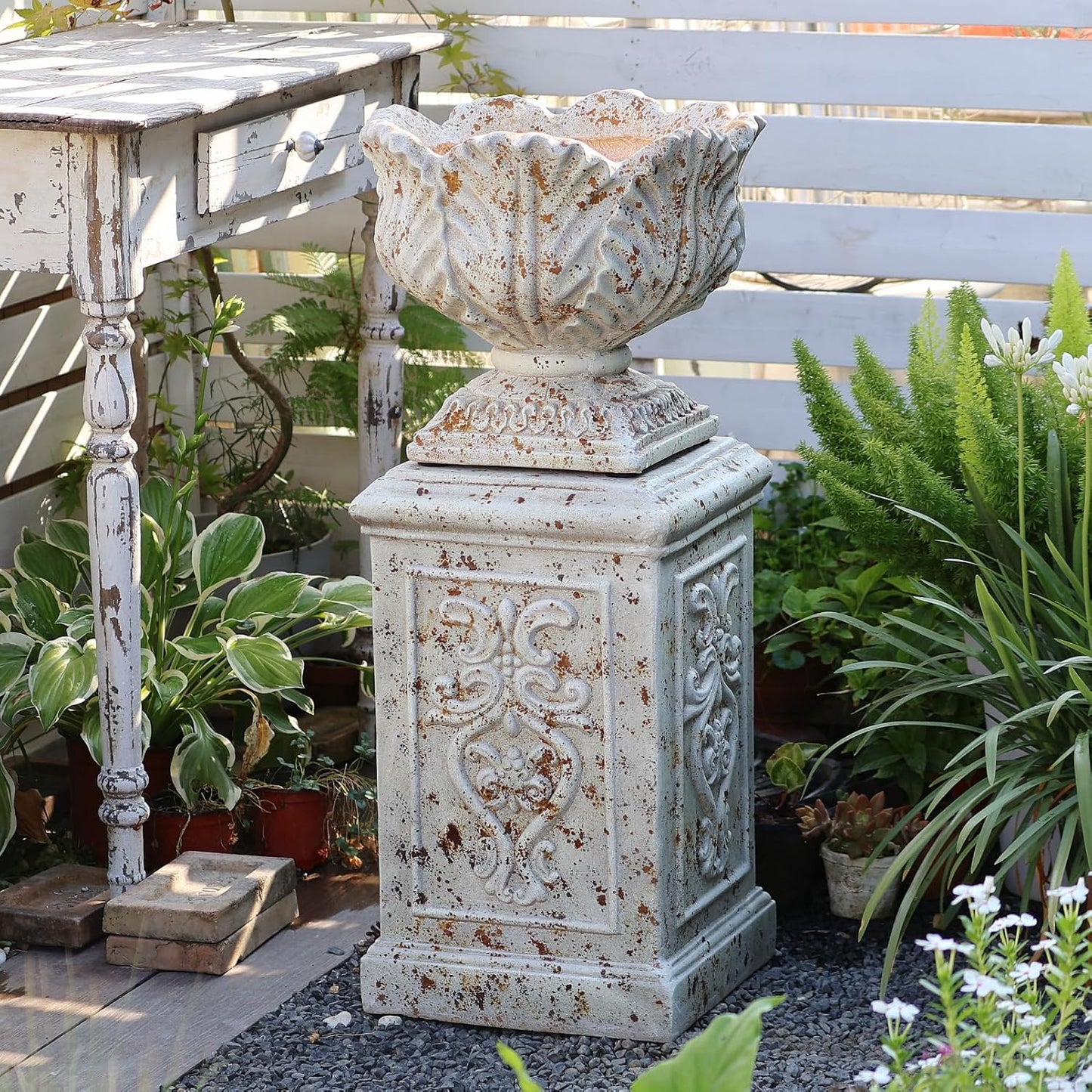 Vintage Garden Urn Planter with Pedestal, Cement and Fiber, Maked Antique, Decorative Leaf Pattern, 14.2x11.8 Inch Pot with 19.3 Inch Stand, Wrap Foam Safely Delivered from Local Warehouse (Antique)
