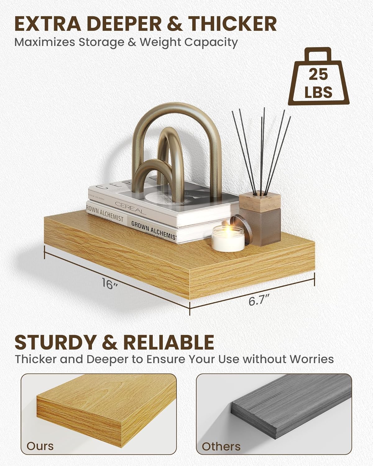 Marsmiles 16" Floating Shelves for Wall, Wooden Shelves with Invisible Brackets Set of 2, Rustic Farmhouse Wall Mounted Shelf for Kitchen Bathroom Living Room Study, Natural Oak