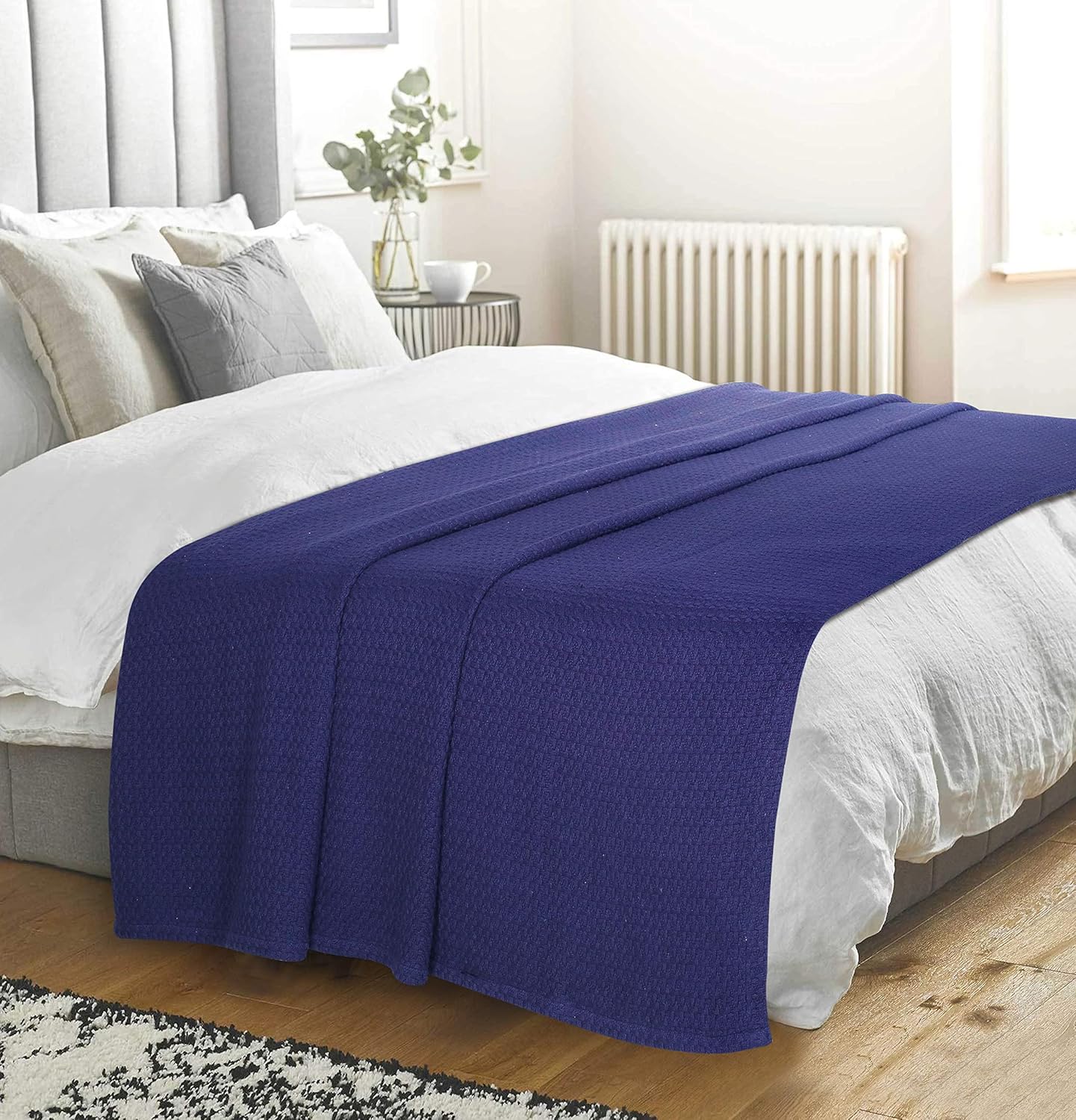 Elvana Home 100% Cotton Bed Blanket, Breathable Bed Blanket King Size, Cotton Thermal Blankets King, Perfect for Layering Any Bed for All Season, Navy Blue