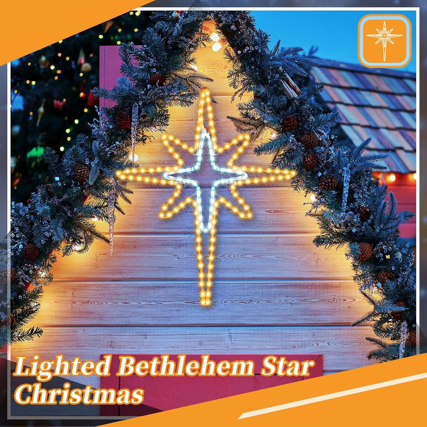28" Christmas Star of Bethlehem LED Star Hanging Lights Nativity Holy Family Light for Door Window Porch Wall Decoration Plug Operated Lighted Hanging Tree Topper(White, Warm Light)