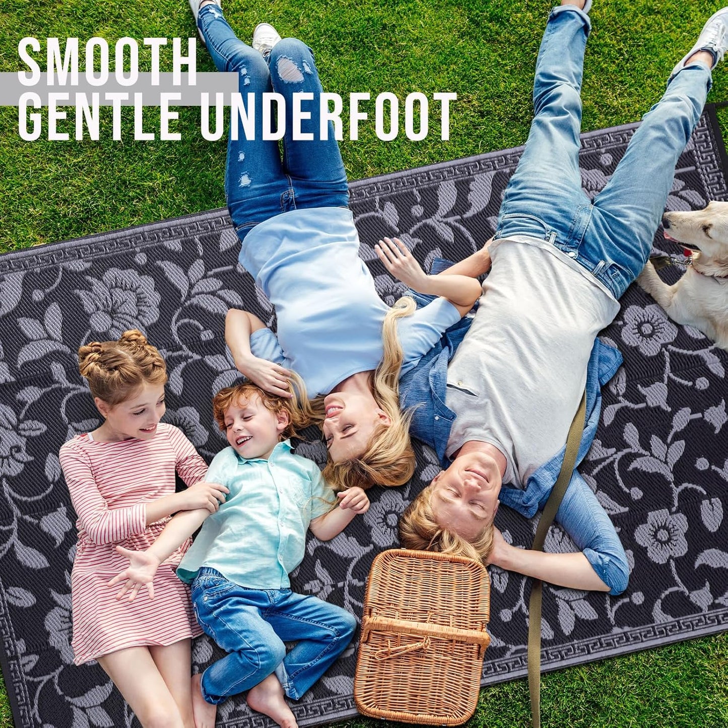 OLANLY Waterproof Outdoor Rug 8x10 ft, Outdoor Plastic Straw Rug with Flower Pattern, Reversible RV Mat for Patio, Camping, Balcony, Deck, Backyard, Black & Grey