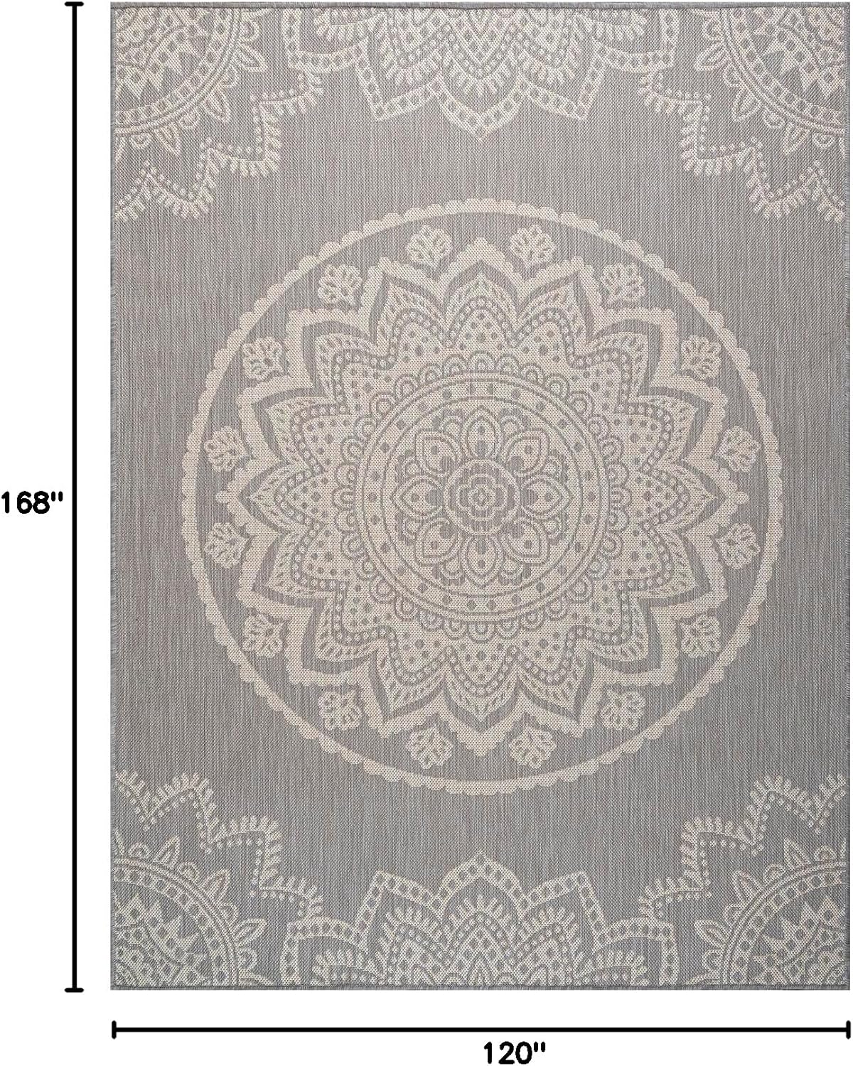 CAMILSON Outdoor Rug 10x14 Modern Area Rugs for Large Indoor and Outdoor Patios and Porches - Waterproof Washable Non-Shedding Easy-to-Clean Outside Carpet (10 x 14, Medallion - Grey/White)