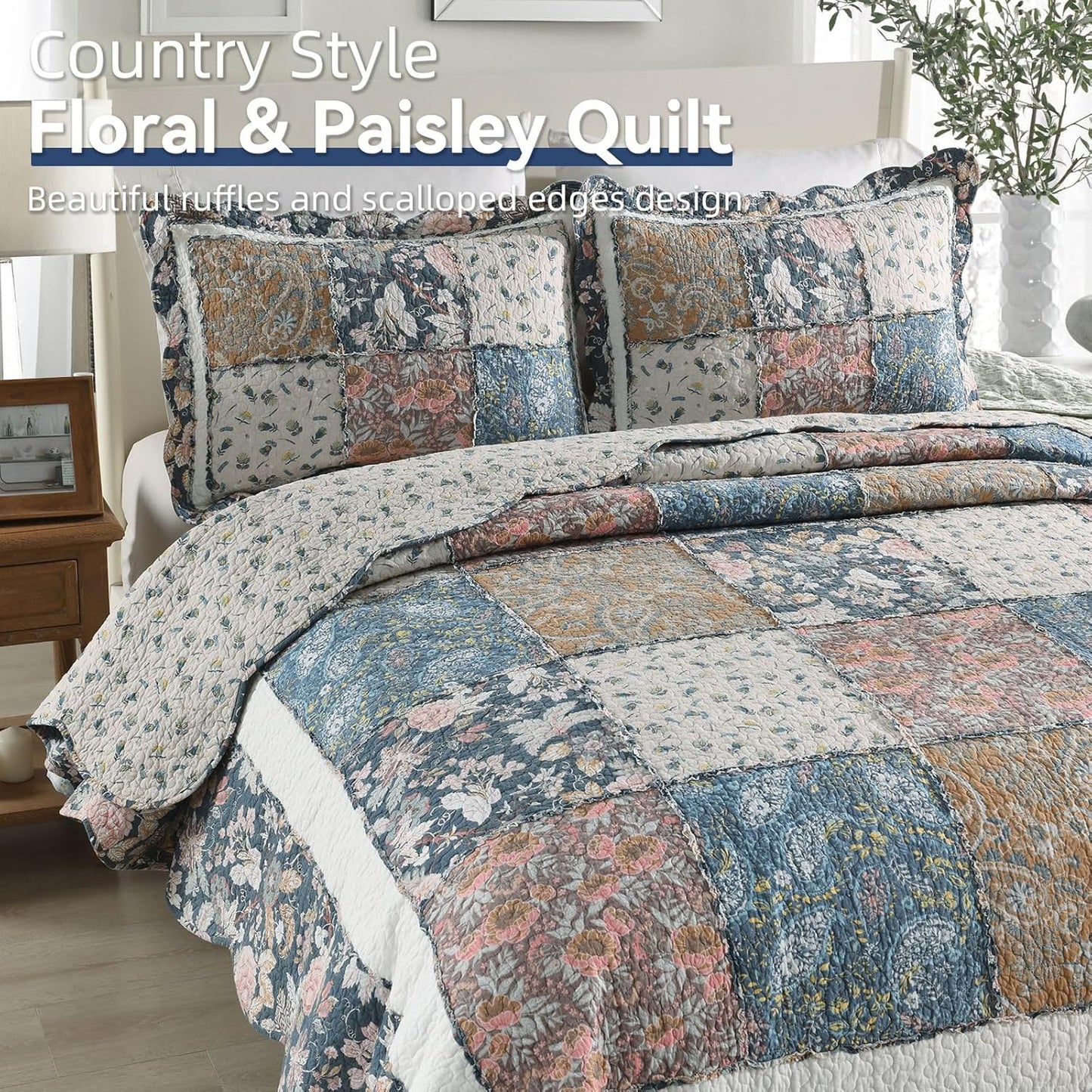Yvooxny 3-Piece Quilt Set Queen Size Quilted Bedspread Reversible Country Style Blue Floral Paisley Real Patchwork Bedding Quilt Set with Ruffles with Pillowcases for All Seasons, 98 * 90 Inches