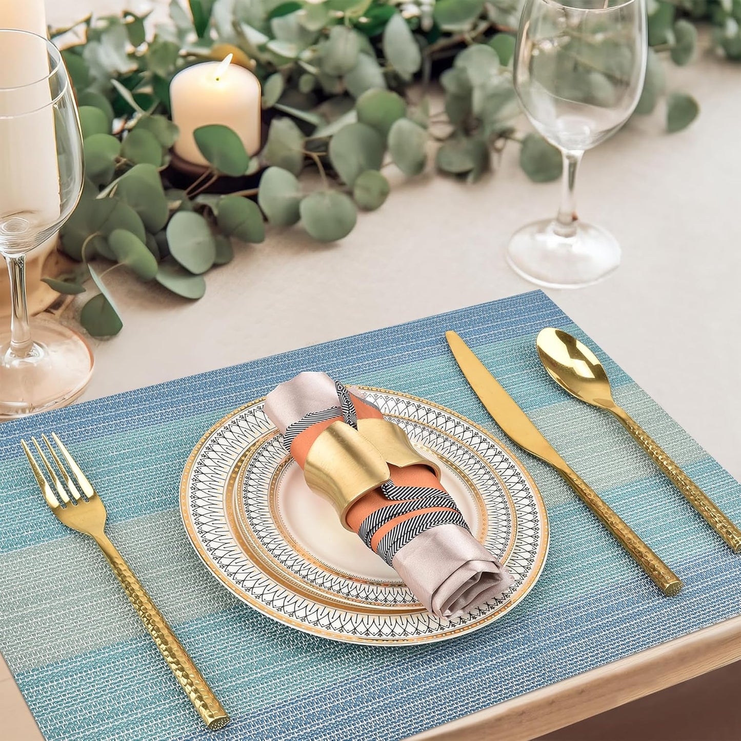 Placemats Set of 8 - Easy Clean Washable Vinyl Placemats - Wipeable Heat Resistant Table Mats for Dining Table - 17.7x11.8 Inch (8, Blue Gradient)