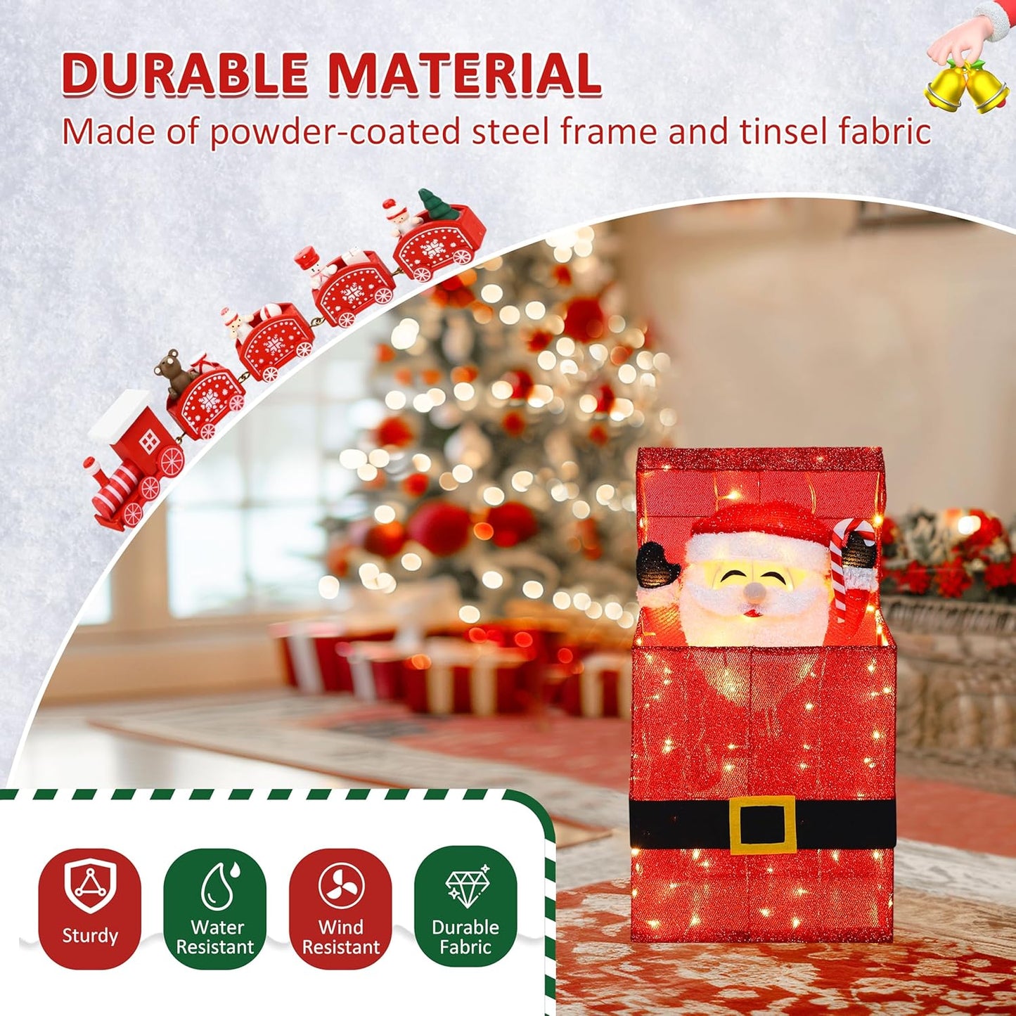 Light Up Electric Santa Claus Decor with 100 LED Lights, 3D Pre-Lit Animated Santa Claus for Xmas Decoration, 14.17" L x 10" W x 26.97" H Freestanding Glittered Display for Outdoor, Indoor