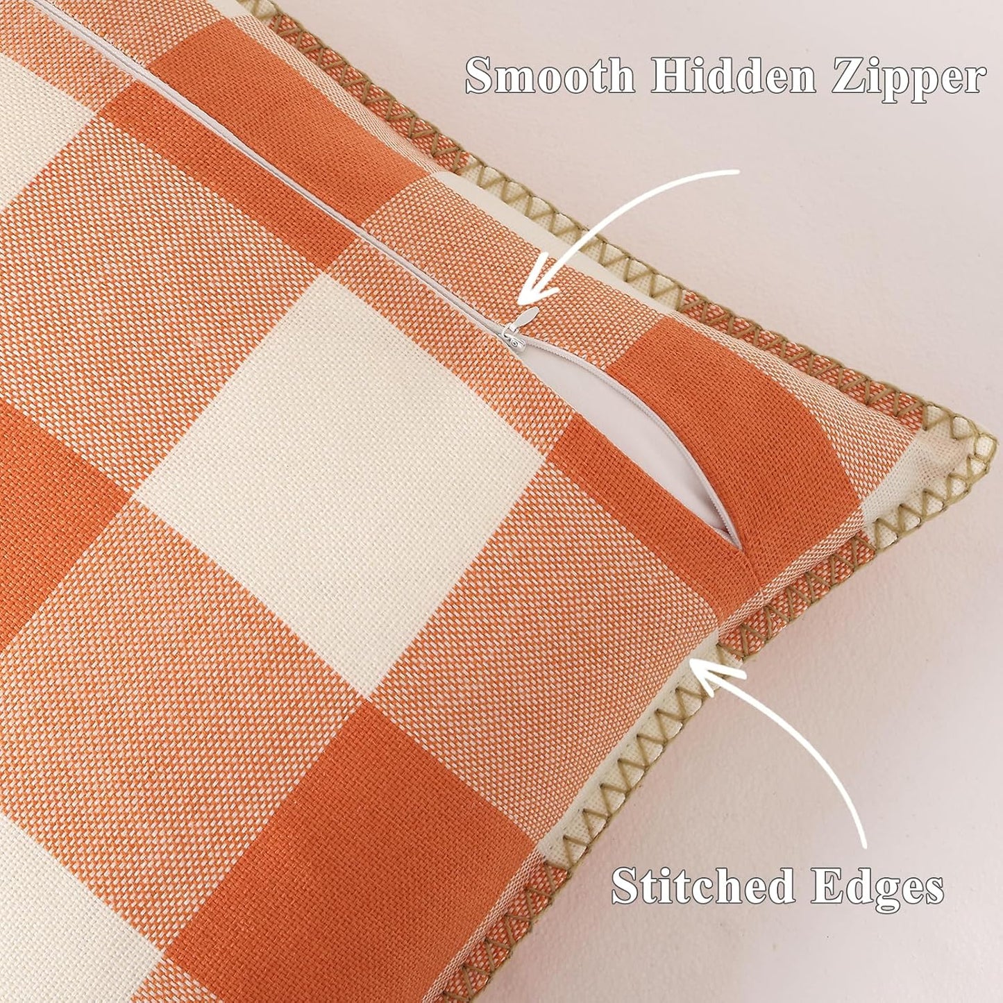 decorUhome Fall Orange and White Decorative Throw Pillow Covers 18x18 Set of 2, Buffalo Plaid Check Farmhouse Cushion Covers with Stitched Edge for Autumn Harvest Couch Sofa Bed Home Decor